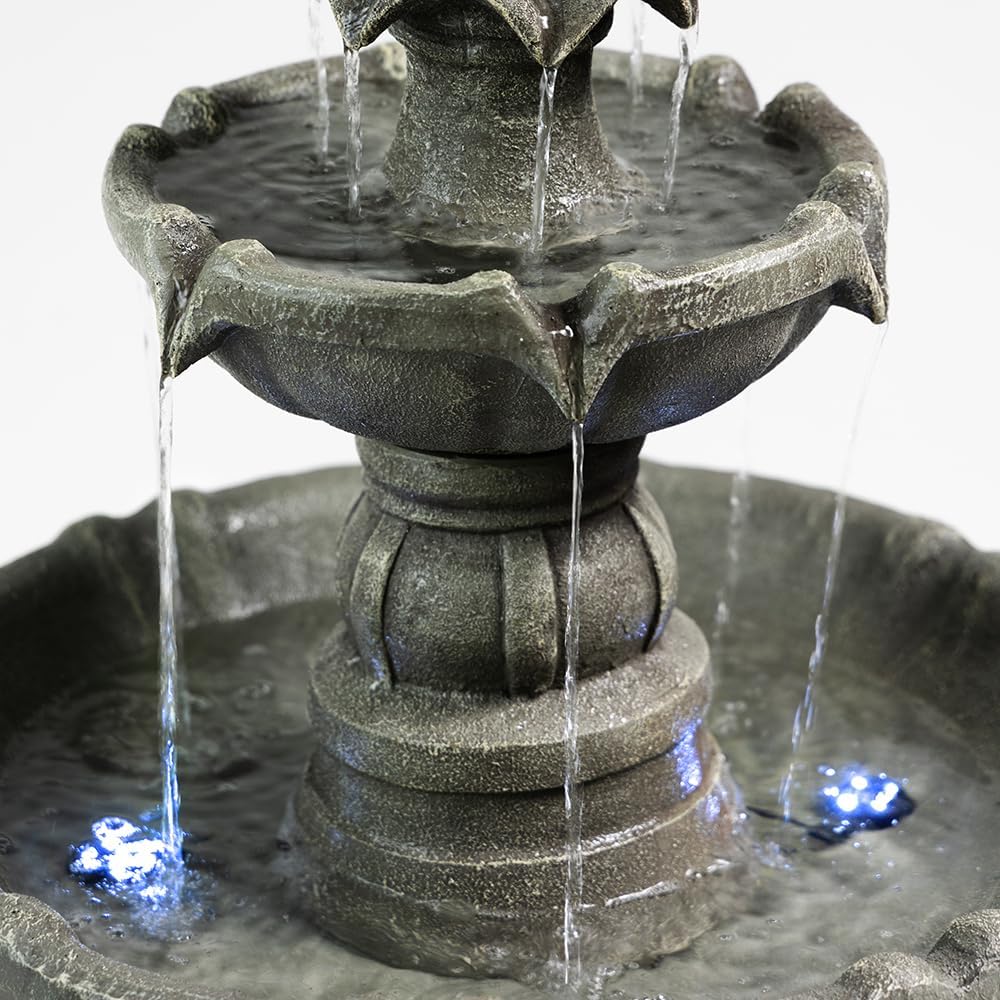 3 Tiered Outdoor Water Fountains –42.2 in. Tall Large Floor-Standing Outside Fountains with Elegant Waterfall Feature for Garden, Yard, Patio, Home Decor (Grey)