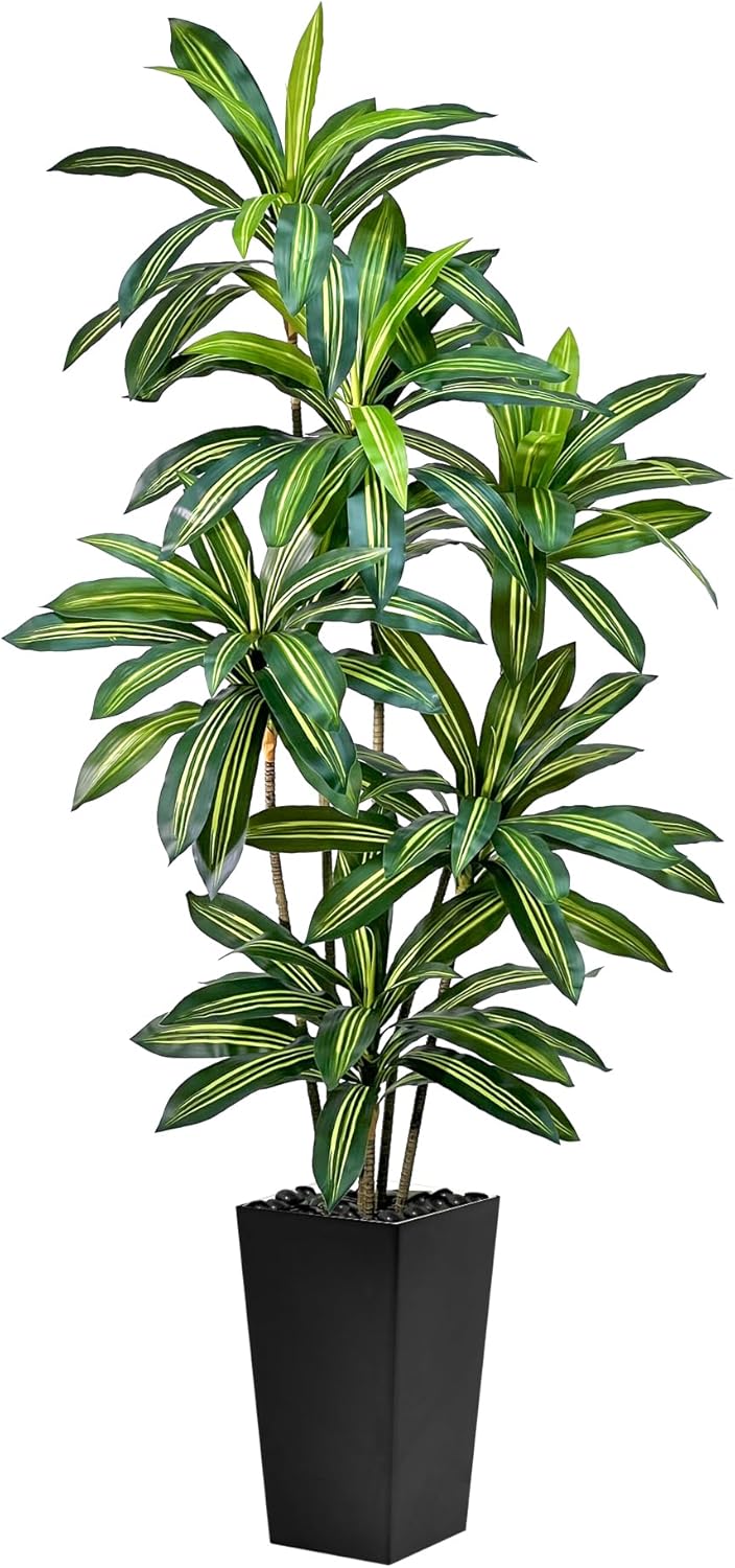 Artificial Dracaena Tree 7FT Tall Fake Plant with White Pot - Realistic Faux Dragon Tree with Tall Planter - Indoor Floor Plant for Home, Office,Mall, Living Room, Bedroom Decor (Black - Planter, 7ft)