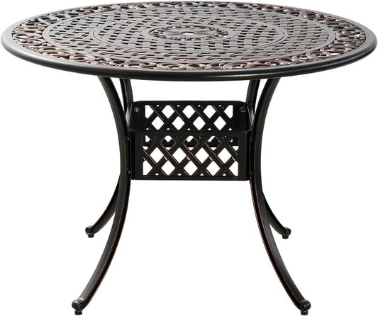 42" Round Cast Aluminum Patio Table with 4-6 Person,Outdoor Patio Dining Table with 1.7" Umbrella Hole,Metal Patio Table for Garden,Porch,Yard,Bronze