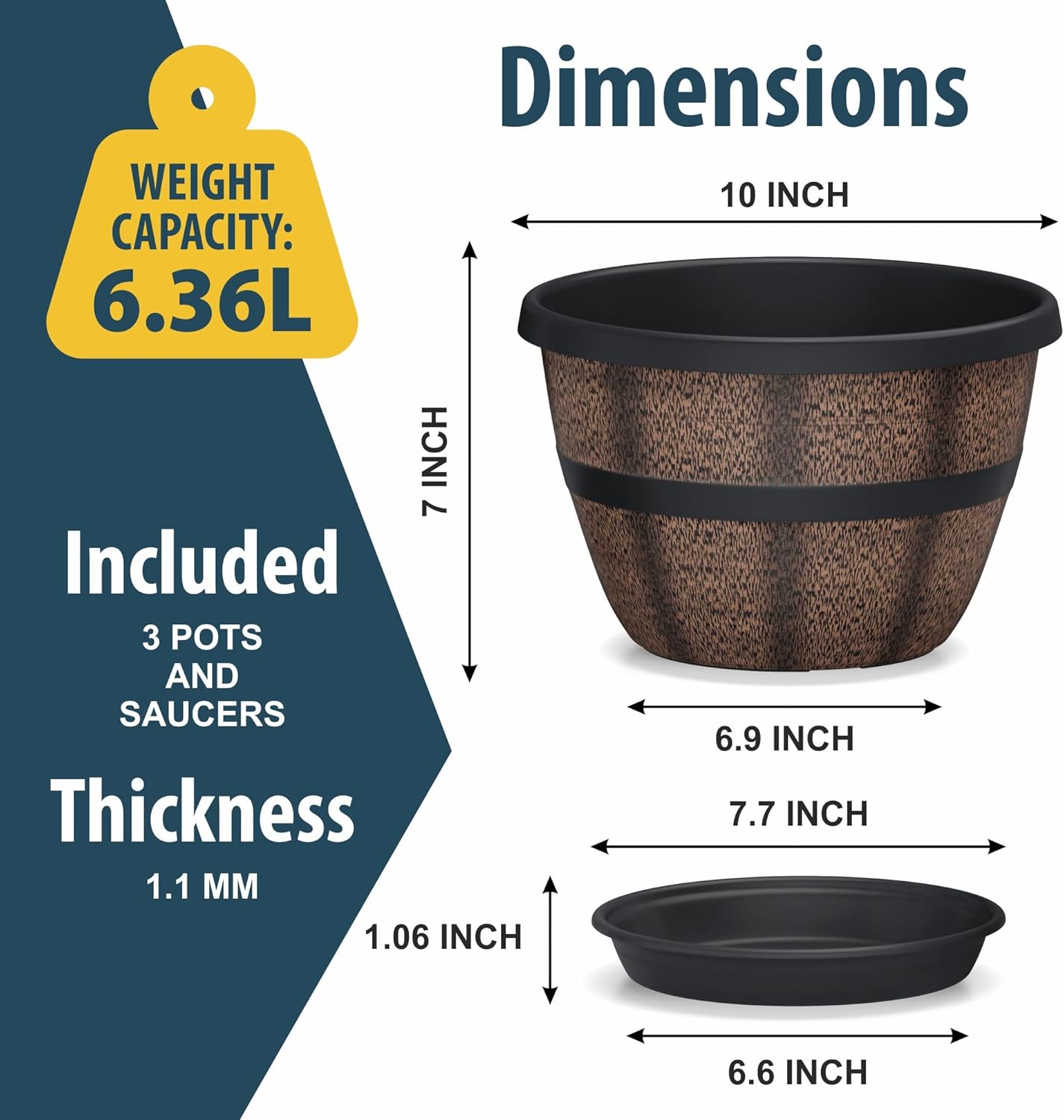 10-Inch Whiskey Barrel Planters Outdoor Pack of 3, Plastic Decoration Plant Pots for Indoor & Outdoor Use with Drainage & Saucer, Rustic Garden Planters for Flowers, Small Plants & Herbs
