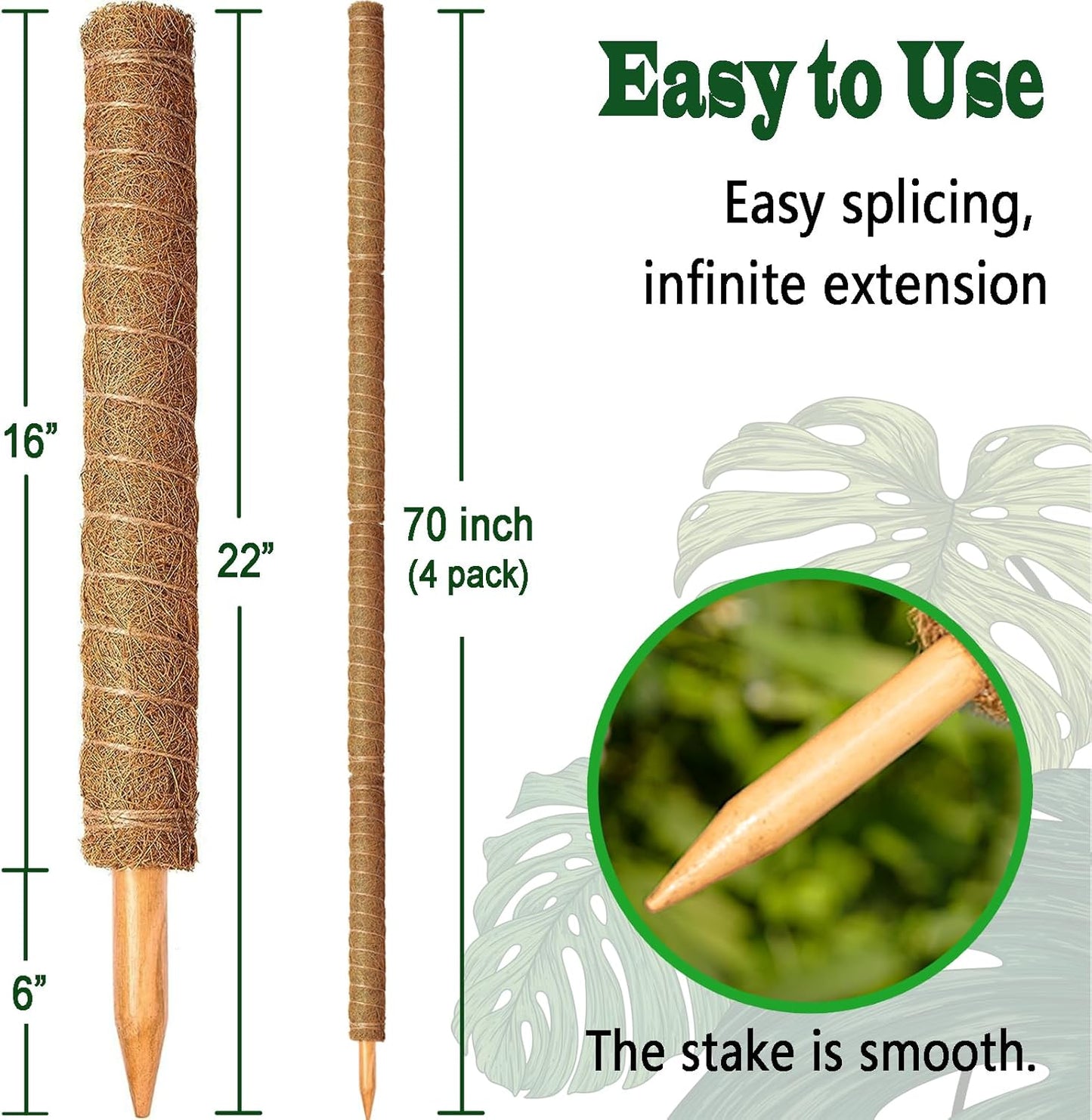 4 Pack 22 Inch Moss Poles, Stackable Moss Pole for Plants Monstera, 70 Inch Tall Moss Poles for Climbing Plants Indoor, Coir Totem Plant Support Stakes Stand for Potted Plants, Pothos