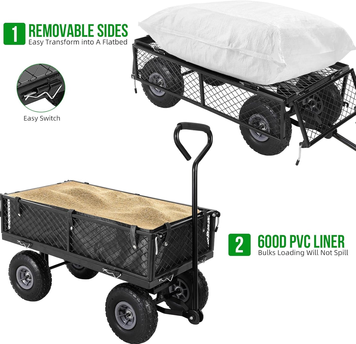 Heavy Duty Steel Garden Cart Folding Utility Wagon with Removable Cart Liner, 500 Lbs Capacity