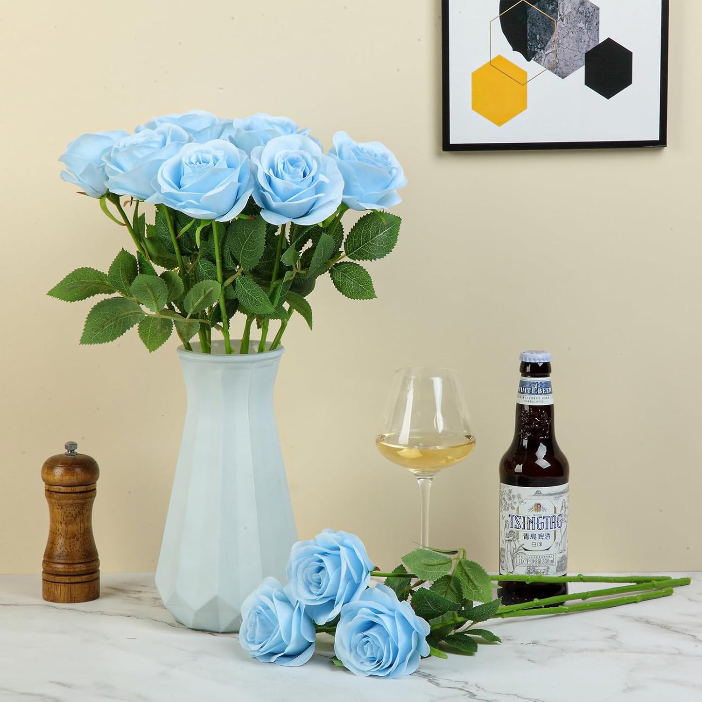 12pcs Roses Artificial Flowers Fake Roses Blue Silk Roses Flowers Rose with Long Stems for Wedding Home Party Centerpieces Decorations