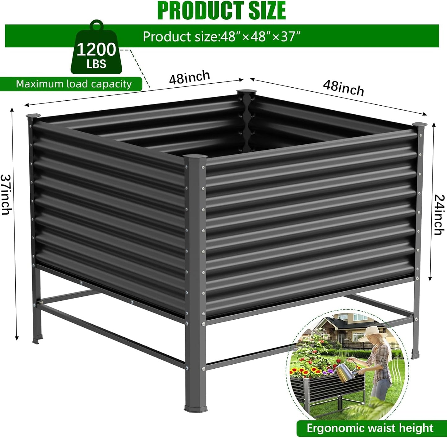 Doniks Raised Garden Bed with Legs, 48×48×37in Large Outdoor Metal Galvanized Garden Planting Box,1200lb Capacity for Vegetables Lawn Green Flowers, Fruits, Terrace