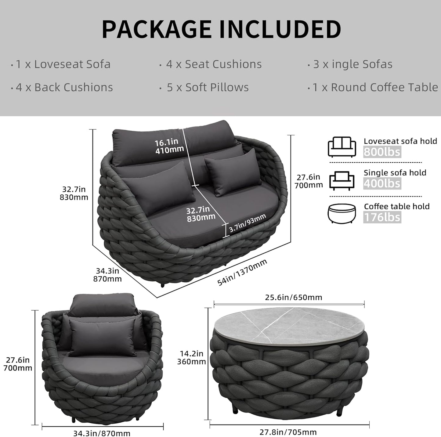 6 Pieces Patio Furniture Set, Outdoor Rope Conversation Sectional Patio Sofa with 6 Seater for Backyard, Porch, Modern Armchairs with Thickness Cushions and Side Table, Dark Grey