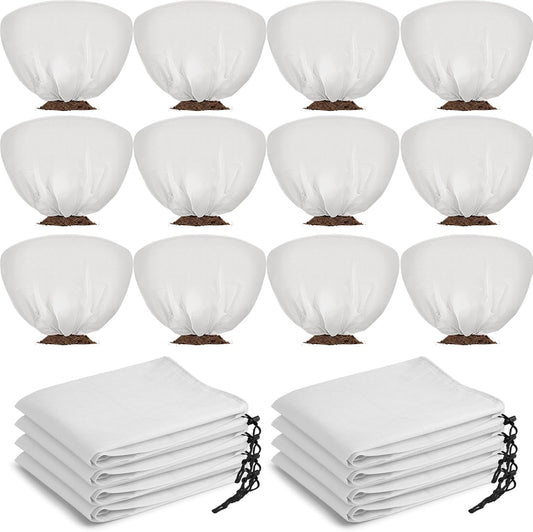 12 Pcs Winter Plant Covers Freeze Protection 39.4x23.6 Inch Horizontal Shrub Tree Rose Plant Protection Bags Frost Blanket with Drawstring for Fall Winter Outdoor Garden Planting (White)