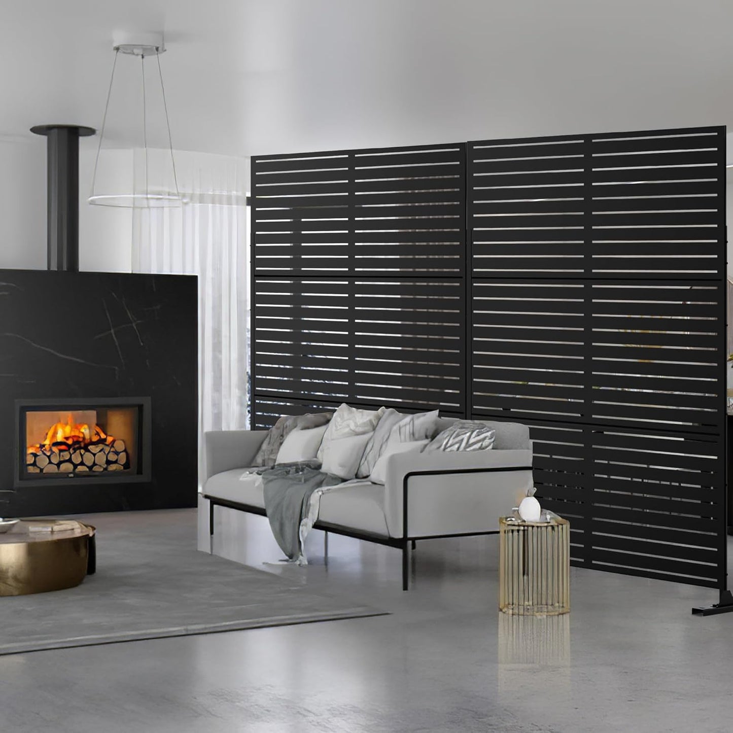 Metal Privacy Screen Outdoor 72" H×47" W,Freestanding Decorative Privacy Screen for Balcony Yard&Garden,Privacy Fence-Black&Louvered