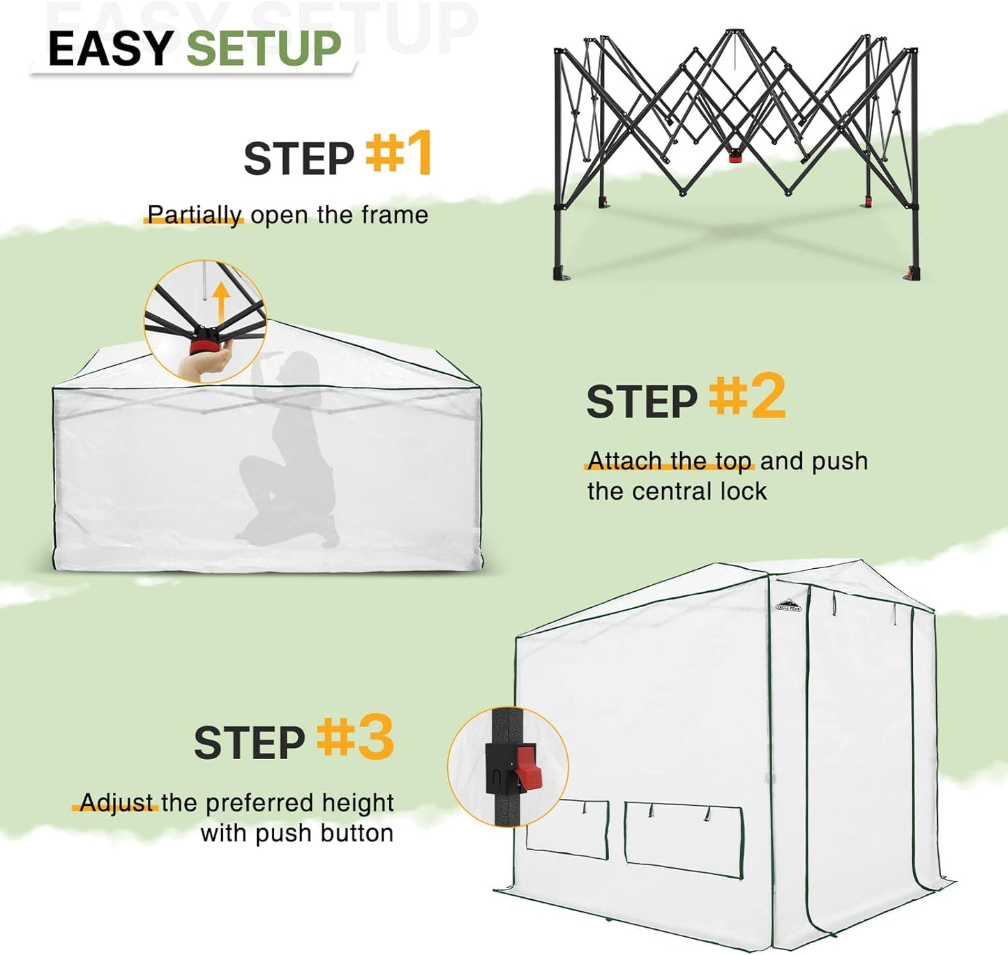 EAGLE PEAK Instant Pop-up Greenhouse, Indoor Outdoor Plant Gardening Green House, Roll-Up Zipper Doors and Side Windows, Heavy Duty Walk in 8x6 ft, Woven PE Top, White