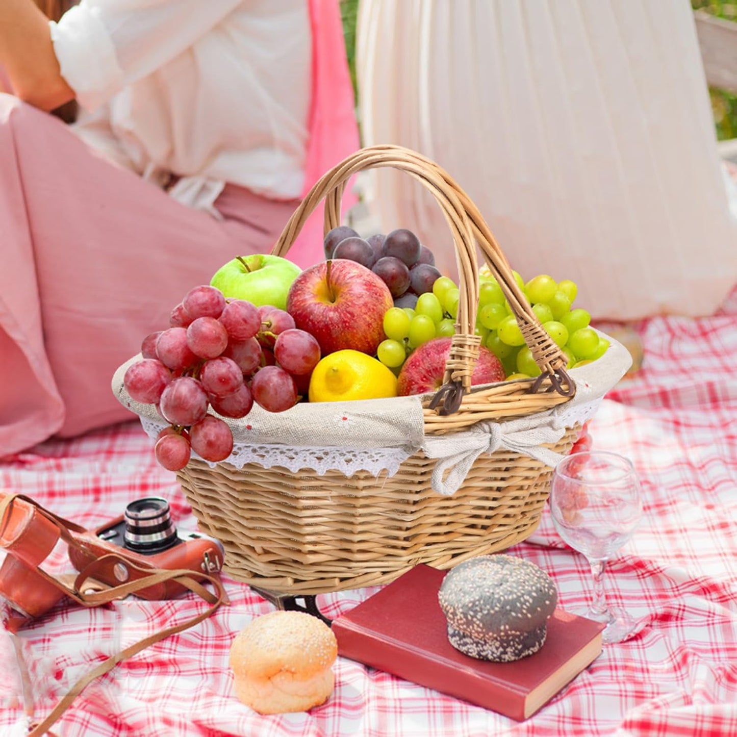 2 Pack 12.6 Inch Natural Wicker Basket with Linen Cotton Cloth Lining, Oval Wicker Woven Basket with Handle, Willow Woven Picnic Baskets for Picnic, Camping, Party(Small)
