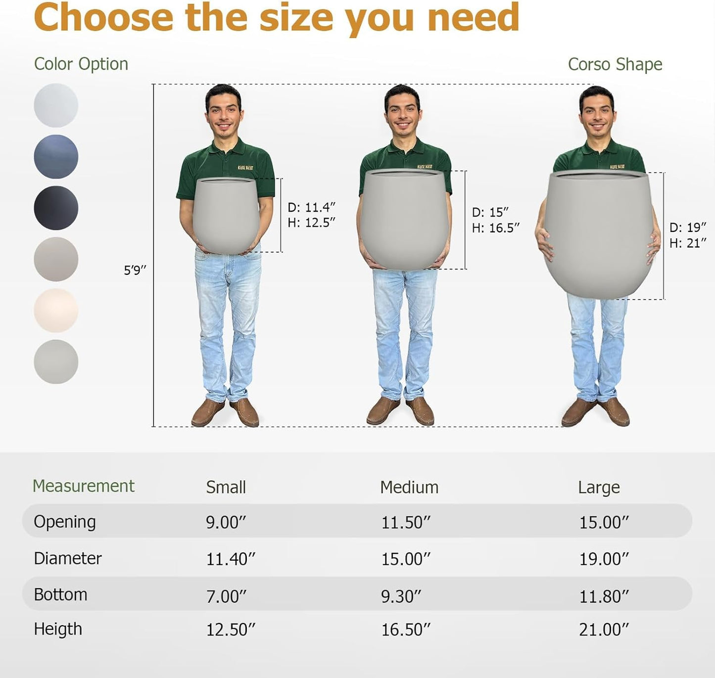 21" H x 19" D Corso Fiberstone Round Tapered Planter with Drainage Hole, Smooth Finishes, Weather Resistant for Indoor and Outdoor Use (Light French Gray, 15" Pot Opening)