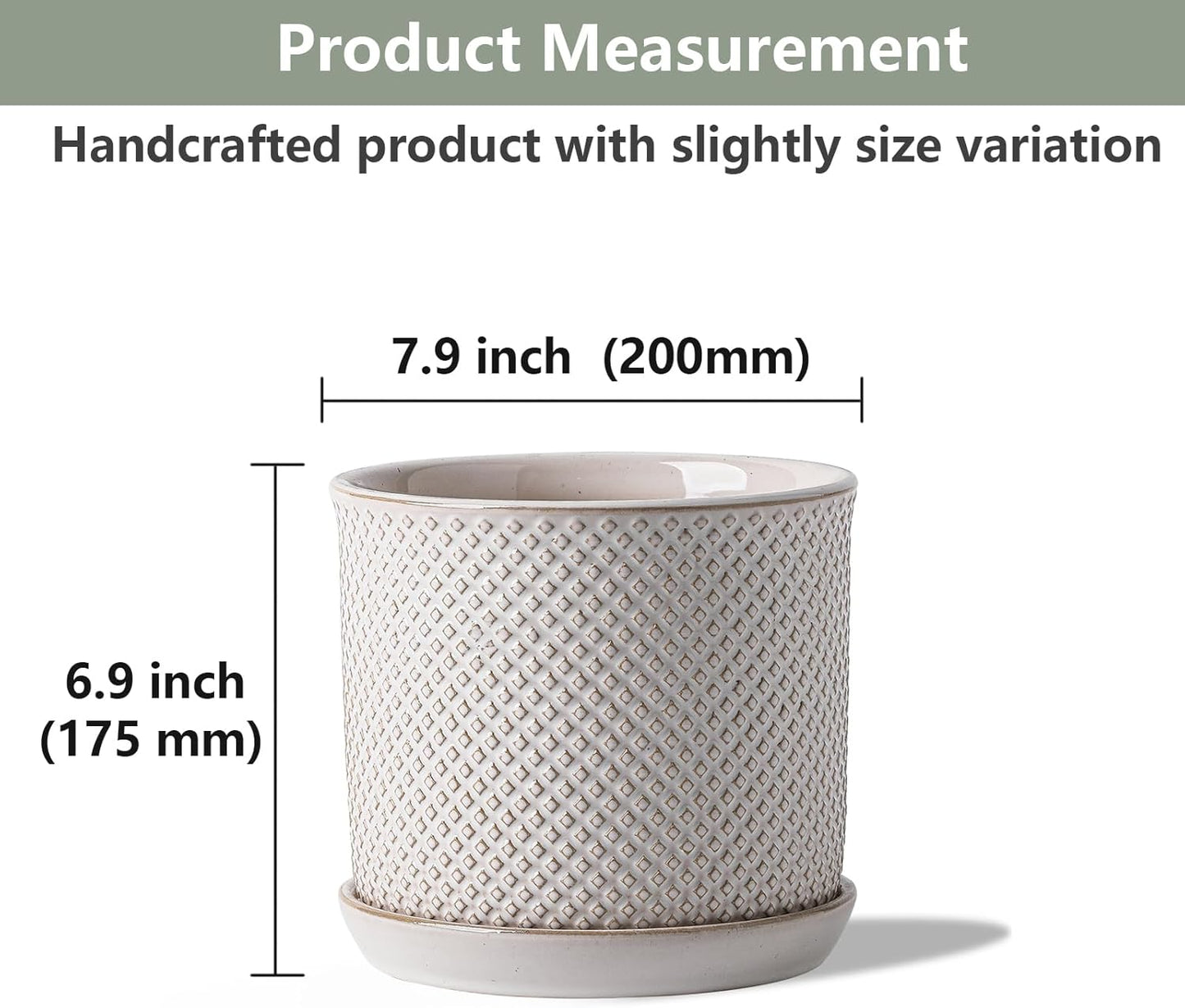 8 Inch Plant Pots: Ceramic Planter with Drainage Hole & Saucer - Flowerpot for Indoor & Outdoor Plants - Beaded Embossed Design White - with Separate Tray