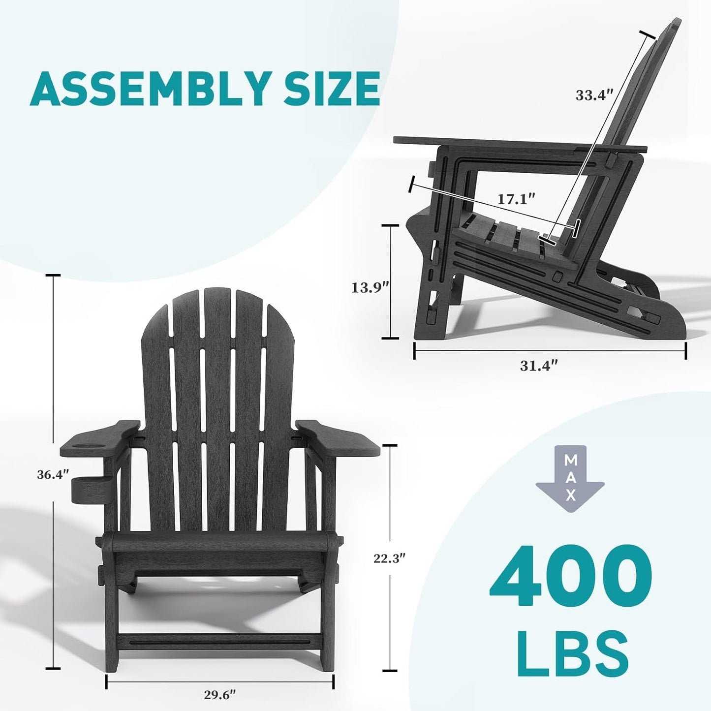 Adirondack Chairs Set of 4, Tool-Free Assembly All-Weather Plastic Adirondack Chairs, HDPE Fire Pit Chairs with Cup Holder, Outdoor Chair for Patio Garden (Black)