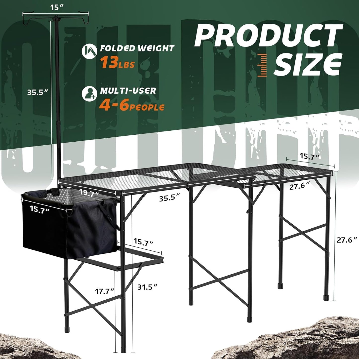 Folding Table with Sink and Double Shelf, Camping Table Height Adjustable Folding Grill Table, Portable Outdoor Table for Picnic,Camping,BBQ,Beach,69 x20 x32 Inches(Black)
