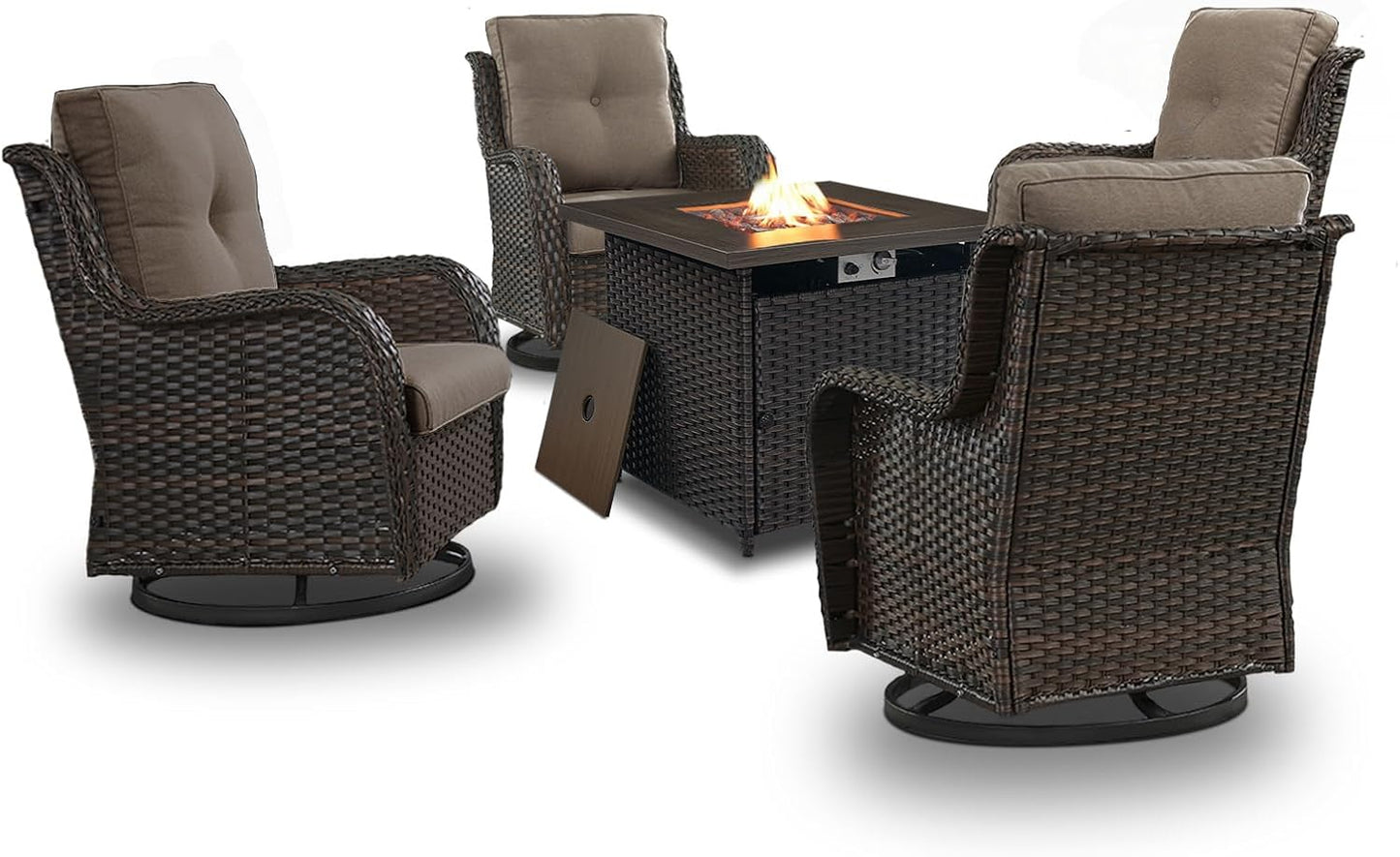 5 Pieces Patio Wicker Furniture Set - 4 Outdoor Swivel Rocker Glider Chairs with 50000BTU Propane Fire Pit Table, Warm Patio Conversation Set Grey Cushion Perfect for Casual Gathering