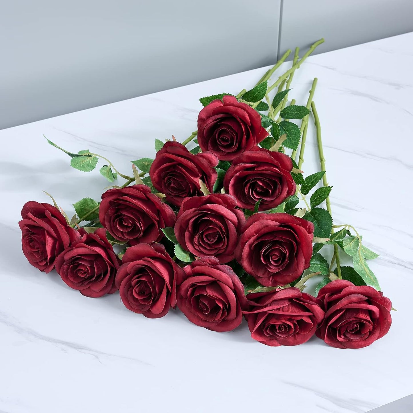 12pcs Roses Artificial Flowers Fake Roses Burgundy Silk Roses Wine Red Silk Flowers Rose with Long Stems for Wedding Home Party Centerpieces Decorations