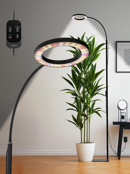 GLOWRIUM Grow Lights for Indoor Plants, 24W Full Spectrum LED Grow Light, Stepless Dimming,3 Lighting Mode and Adjustable Height, Plant Light with 3/9/12/16H Timer (Black, 24W)