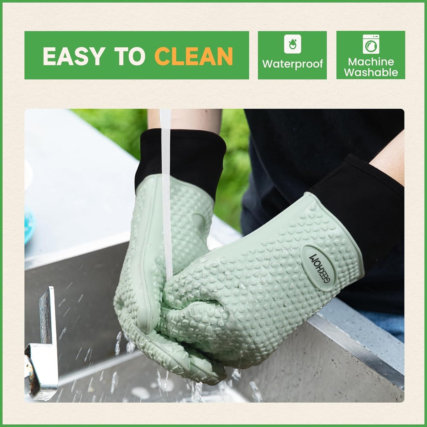 GEEKHOM BBQ Gloves Heat Resistant Oven Mitts - Silicone Grilling Gloves with 14" Long Arm Protection - Waterproof Pot Holder Non-Slip for Men & Women, Kitchen Cooking, Baking, Camping, Mint Green