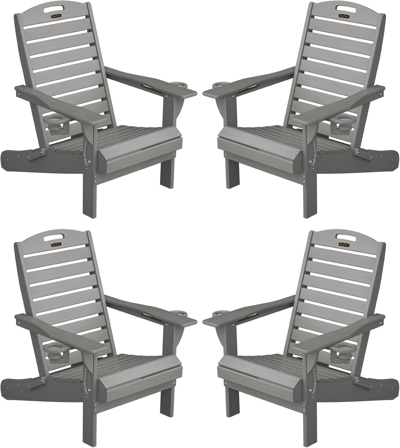 Adirondack Chairs Set of 4, Outdoor Fire Pit Chairs, HDPE All-Weather Adirondack Chairs with Cup Holder, Lawn Chair for Deck, Patio, Garden (Grey)