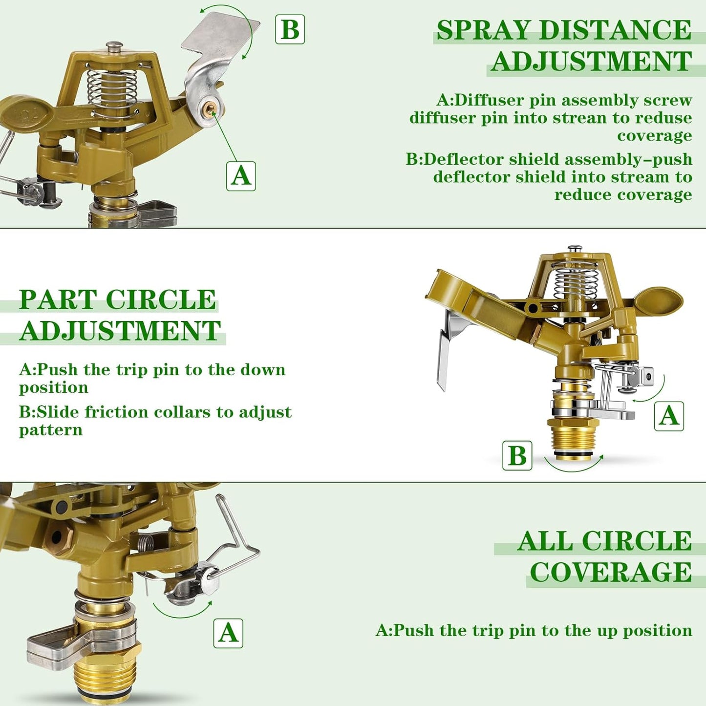 Ferraycle 20 Pieces 1/2 Inch Brass Impact Sprinkler Head with Nozzles Heavy Duty Adjustable 0-360 Degrees Impulse Sprinkler Head Lawn Watering for Yard Irrigation