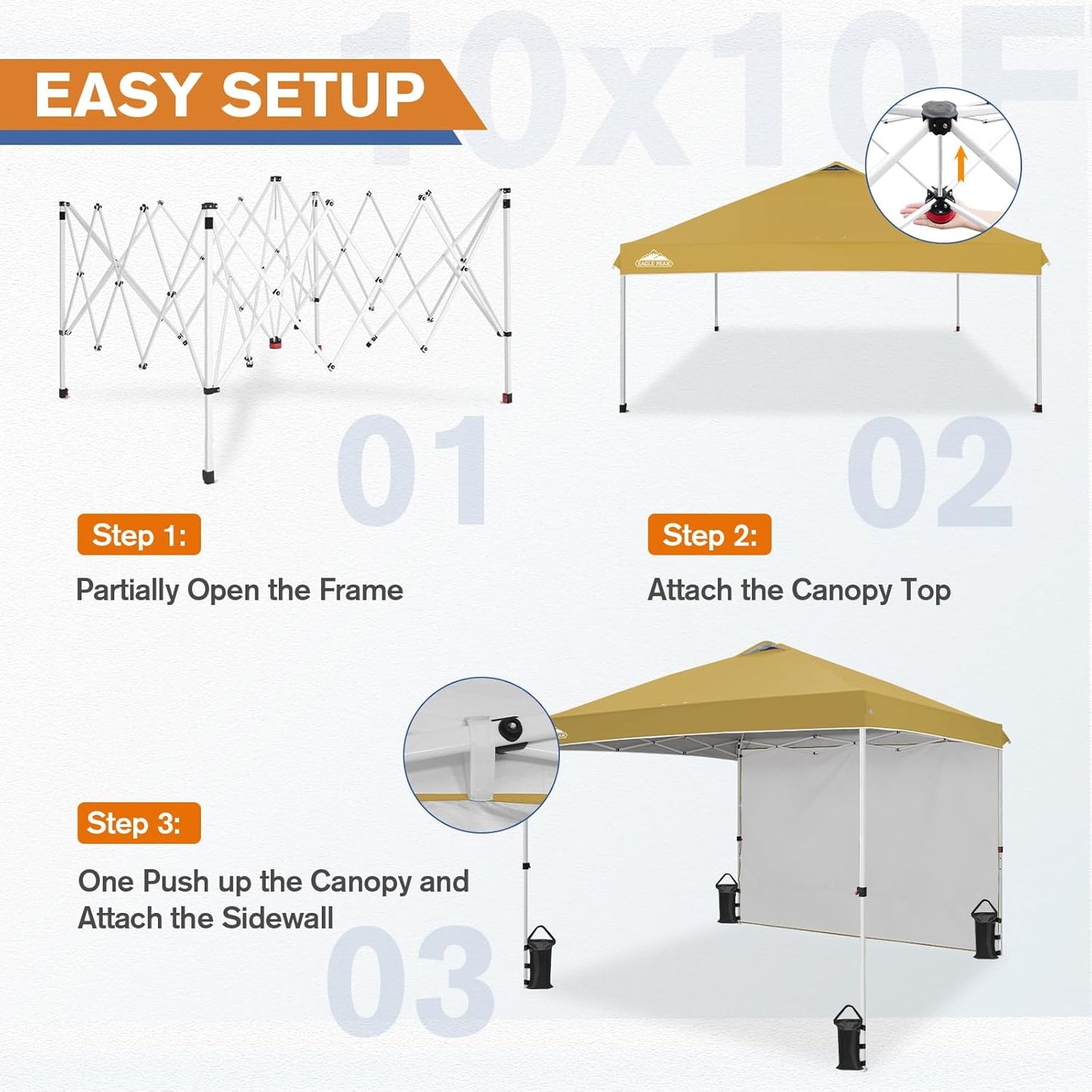 EAGLE PEAK Pop Up Canopy Tent with 1 Sidewall, Easy Setup Event Tent, Outdoor Sun Shade, Wheeled Carry Bag, Stakes and Guy Ropes, Instant Canopy 10x10, Beige