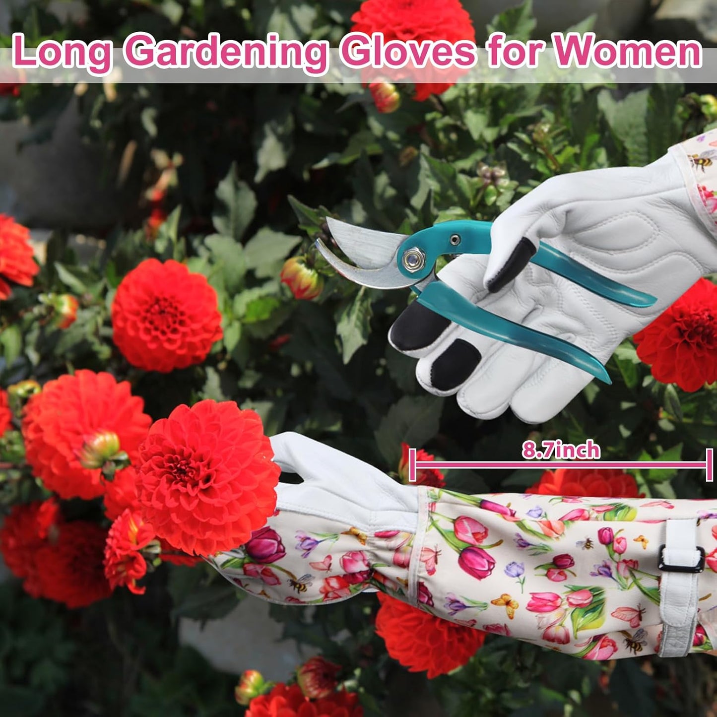 DLY Gardening Gloves for Women, Rose Gloves Gardening Thorn Proof, Long Garden Gloves for Women, Breathable Cowhide Leather Gauntlet(Medium,White)