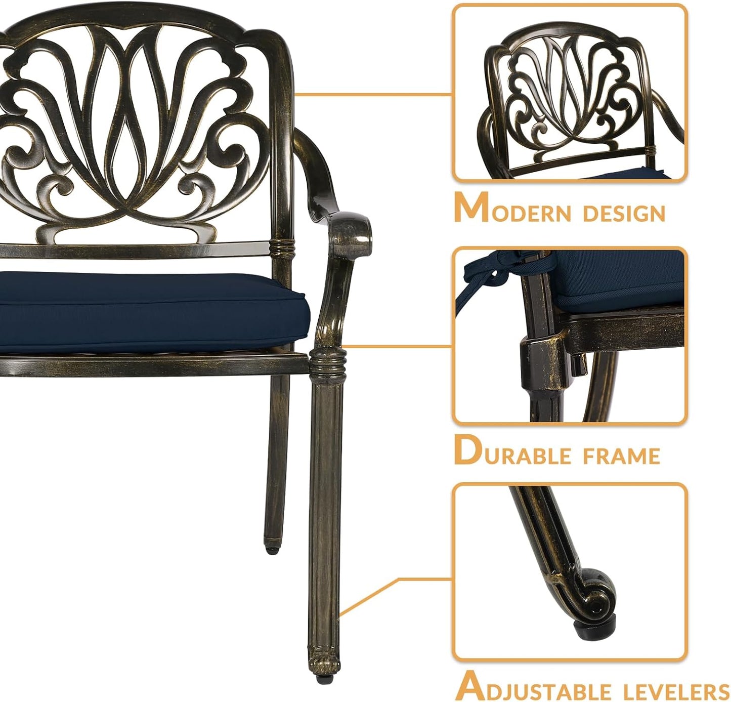 3-Piece Outdoor Patio Dining Set, All-Weather Cast Aluminum Patio Furniture Set for Backyard Garden Deck with 2 Cushioned Chairs and 35.4” Round Table, 2" Umbrella Hole, Navy Blue