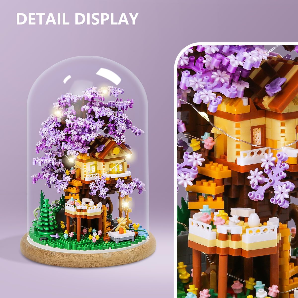 DIY Flower Building Toy Sets Miniature Cherry Blossom Tree House Building Kit, Purple & Yellow Sakura Flowers, Building Blocks Set for Adults & Girls - Bonsai Tree Model with Dust Cover