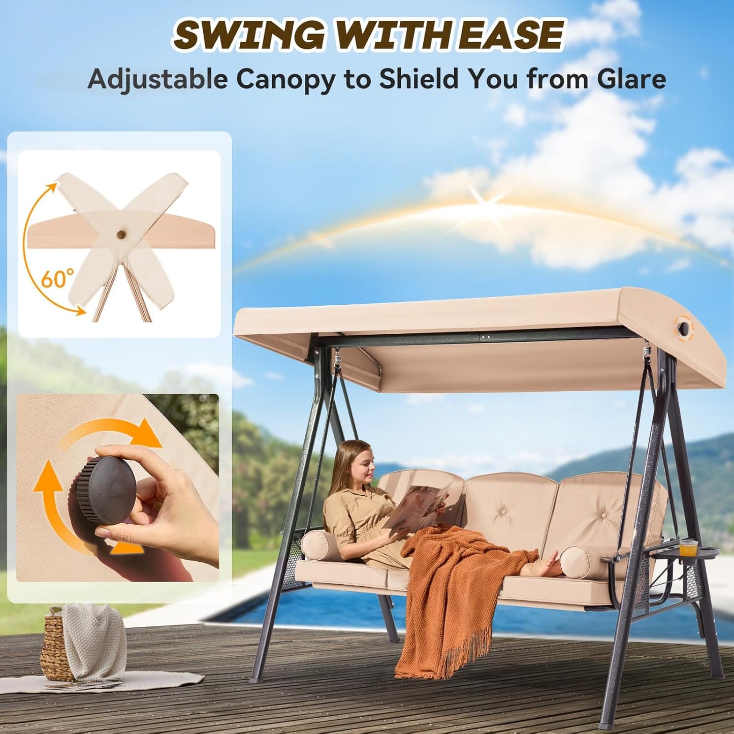 3 in 1 Outdoor Porch Swing with Adjustable Canopy, 3 Seat Outdoor Swing for Adults, Patio Swing Chair with Thickened Cushions,Pillows & Cup Holders for Backyard, Porch, Garden(Khaki)