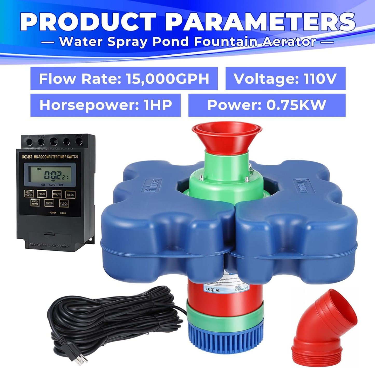 Pond Fountain Aerator with Time Controller-15000 GPH,110V 1HP 750W Floating Fountain Aeration System for Large and Small Ponds,Aerator Water Pump for Outdoor Ponds & Lakes with 15A/100FT Power Cord