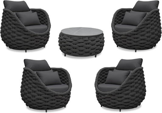 Aluminum Front Porch Furniture Set: 5 Pieces Woven Rope Patio Conversation Set - All Weather Cushioned Outdoor Sofa Set Assembled - Metal Modern Couch Set 400lb Deck Garden Pool Hotel, Dark Gray