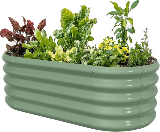 4x2ft Oval Galvanized Raised Garden Bed Kits 16" Tall Outdoor Large Metal Modular Planter Box 9-in-1 Raised Beds for Gardening,Vegetables,Fruits,Flowers & Herbs (Green)