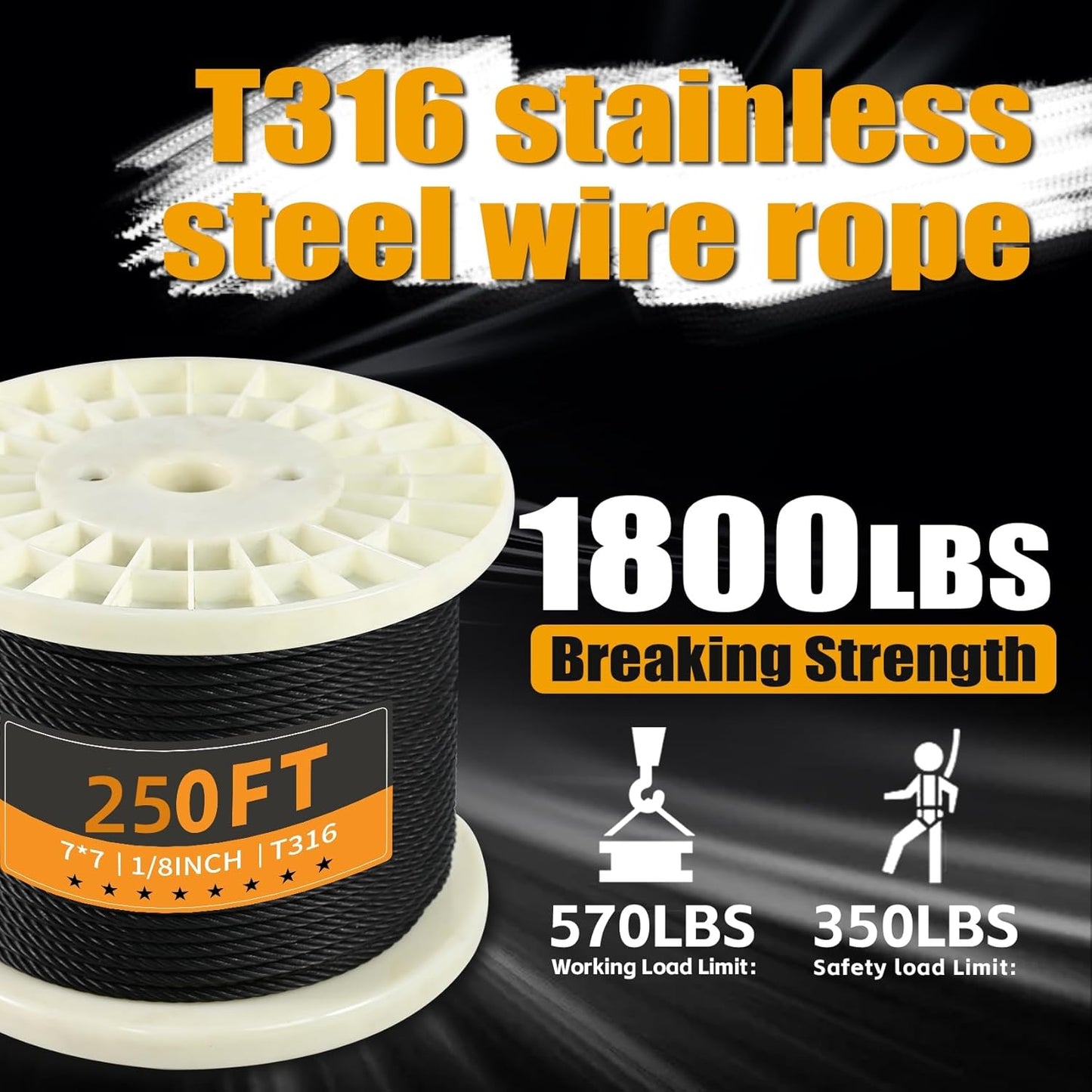 250FT 1/8" Stainless Steel Cable Black 7x7 Strands Aircraft Cable T316 Wire Rope with Cable Cutter 1800lbs Breaking Strength Wire Cable for Deck Cable Railing, Stair, Fence, DIY Balustrades