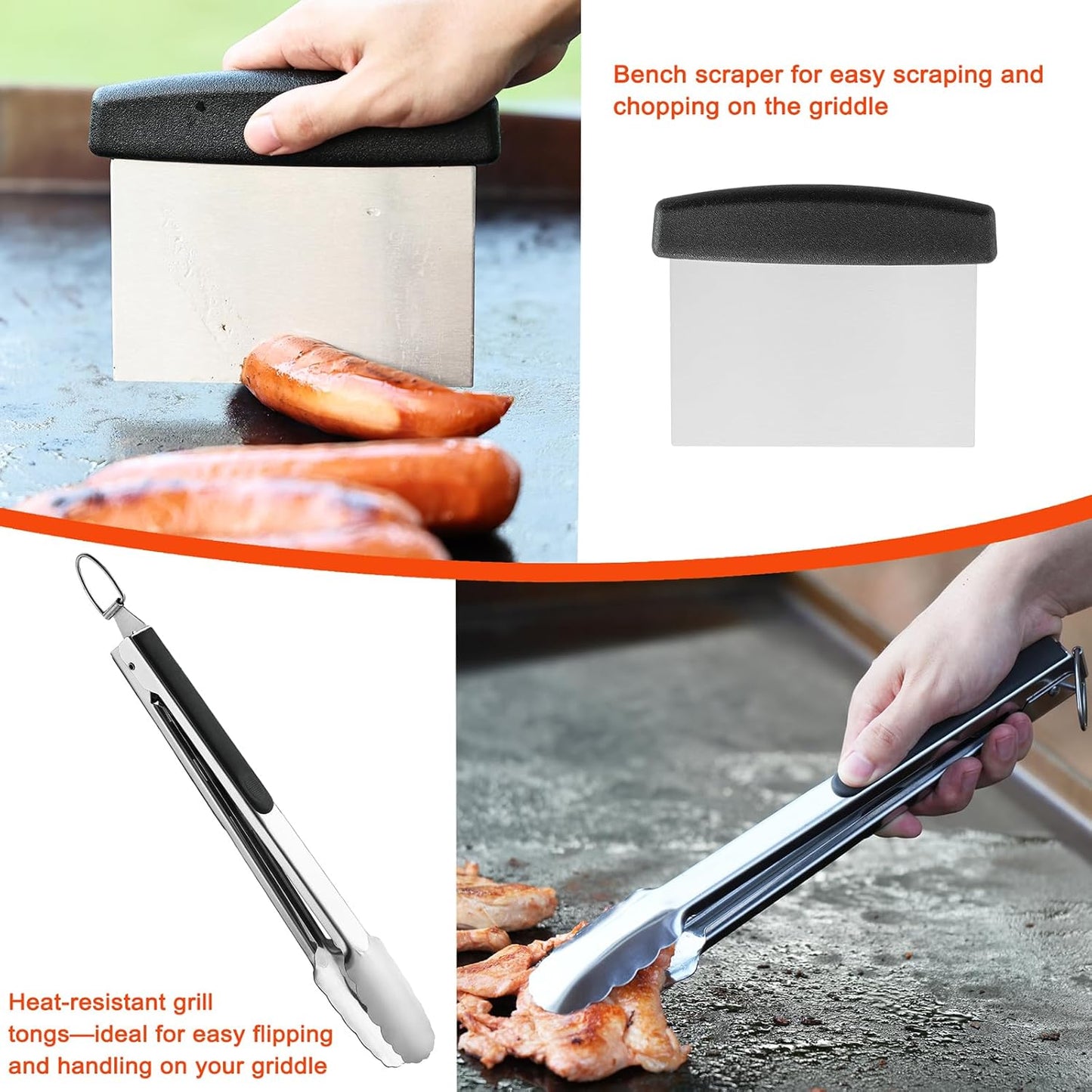 Griddle Accessories Kit - 40PCS Flat Top Grill Tool Set. Griddle Accessories Set with Basting Cover, Spatula, Scraper, Burger Press, Tongs, Cleaning Kit