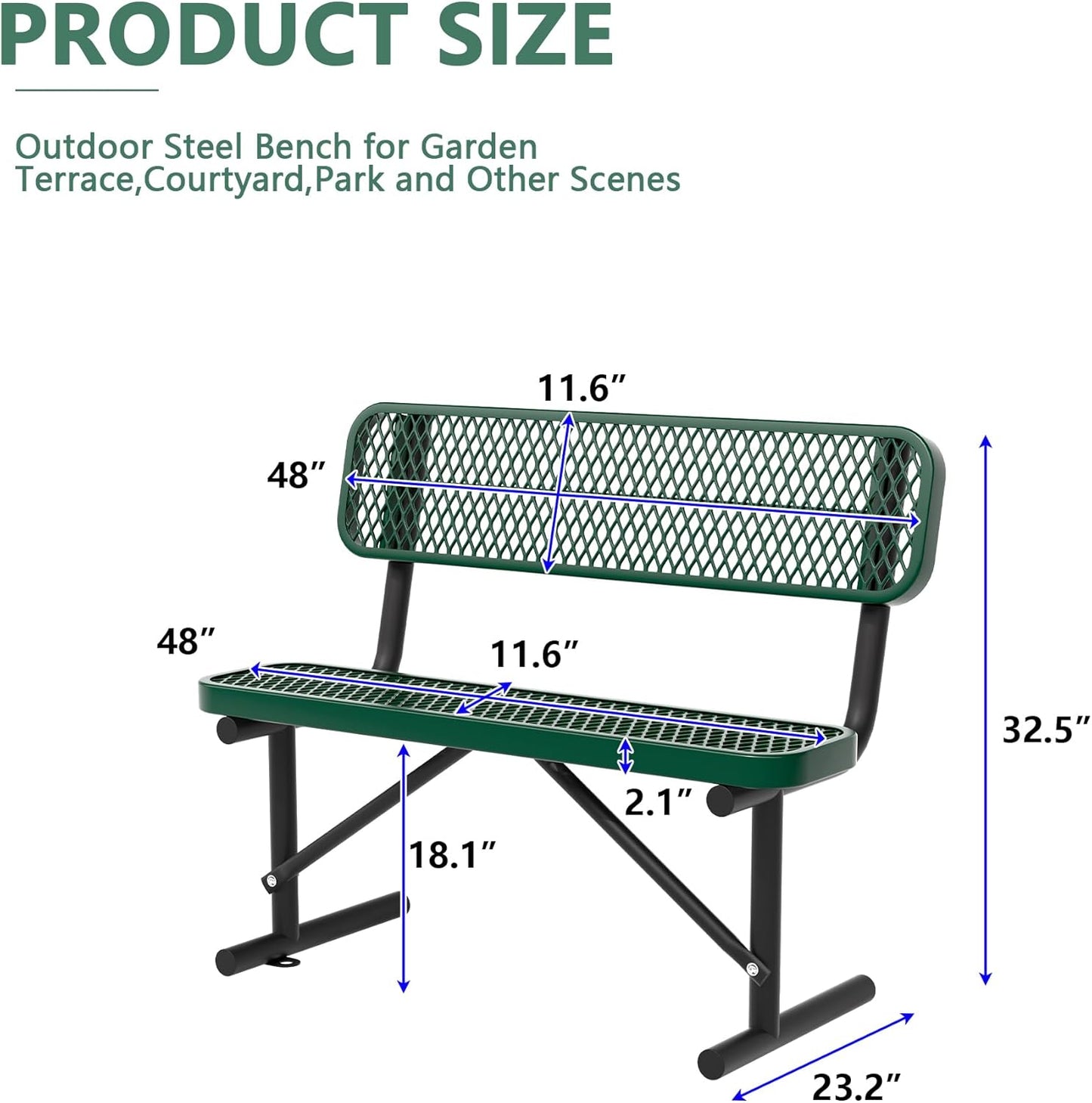 4FT Heavy Duty Park Bench with Back Portable Frame, Outdoor Steel Bench with Backrest, Green Park Bench Expanded Metal Mesh Bench for Lawn, Park, Deck, Garden, Patio, Porch (Green, 4FT)