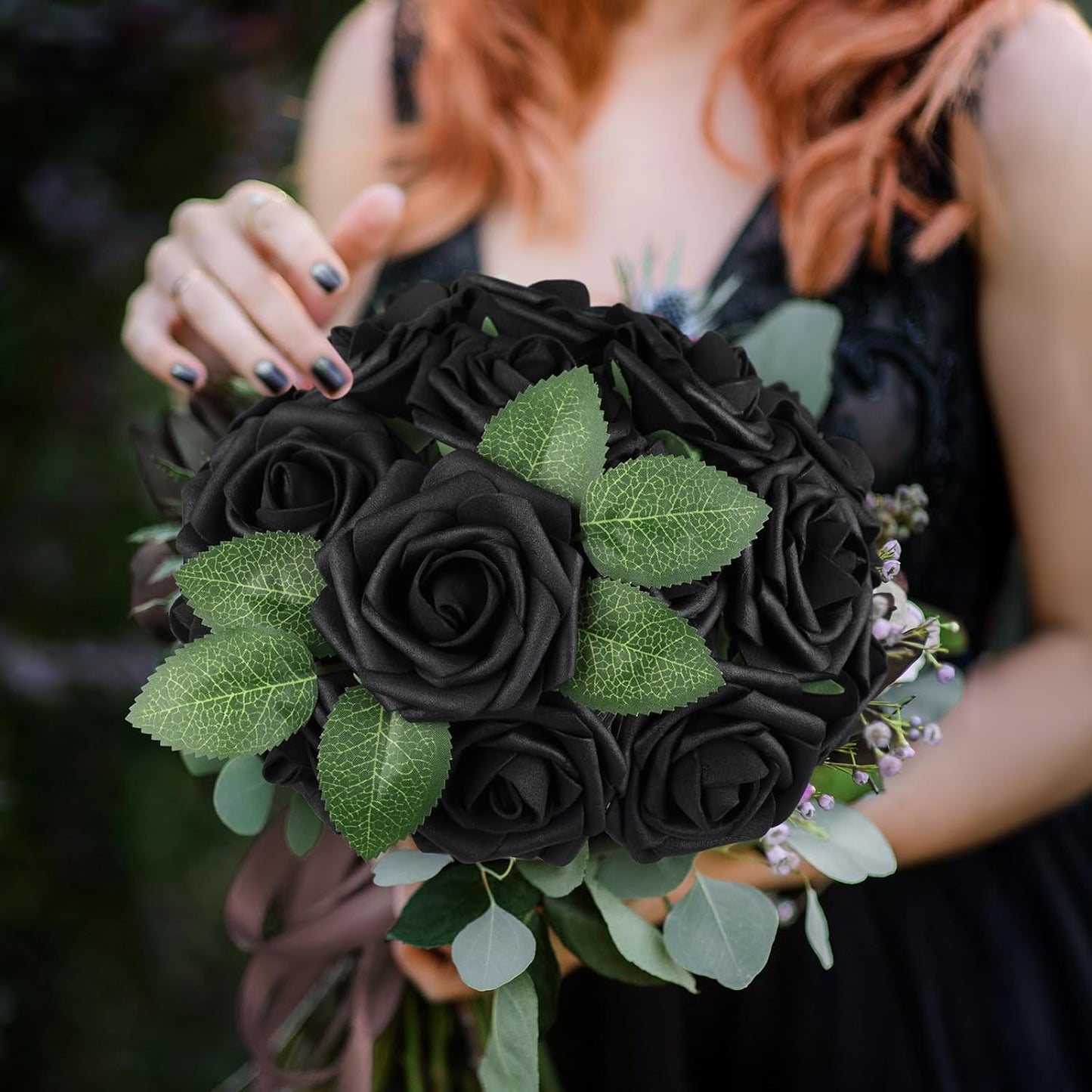 AmyHomie Artificial Flowers Black Rose 25pcs Real Looking Fake Roses w/Stem for DIY Wedding Bouquets Centerpieces Arrangements Party Baby Shower Home Decorations