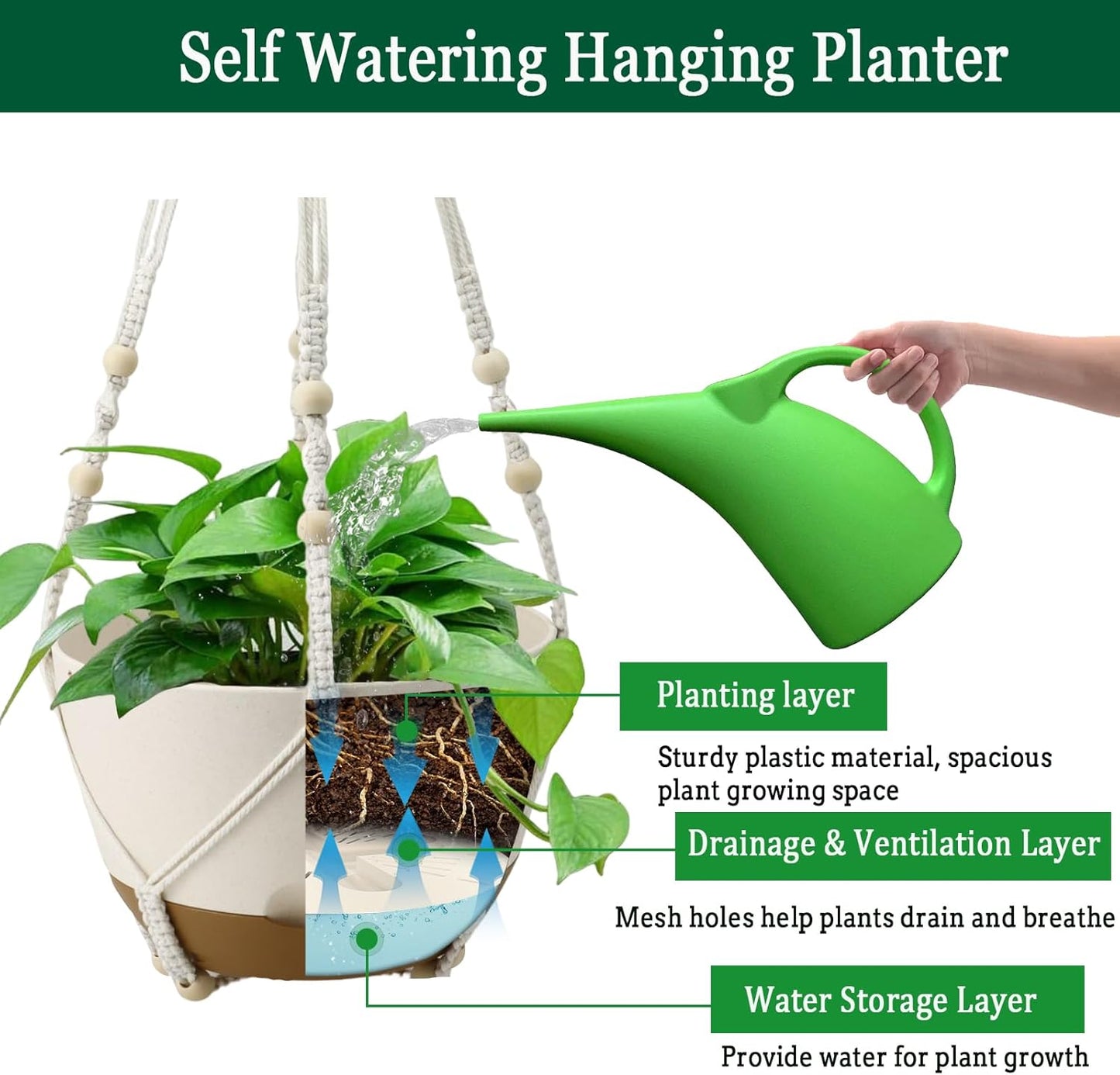 Hanging Planters for Indoor Plants, 2 Pack 10 Inch Self Watering Pots with Macrame Plant Hanger, Hanging Baskets Holder for Outdoor Garden Home Ceiling Window Decor