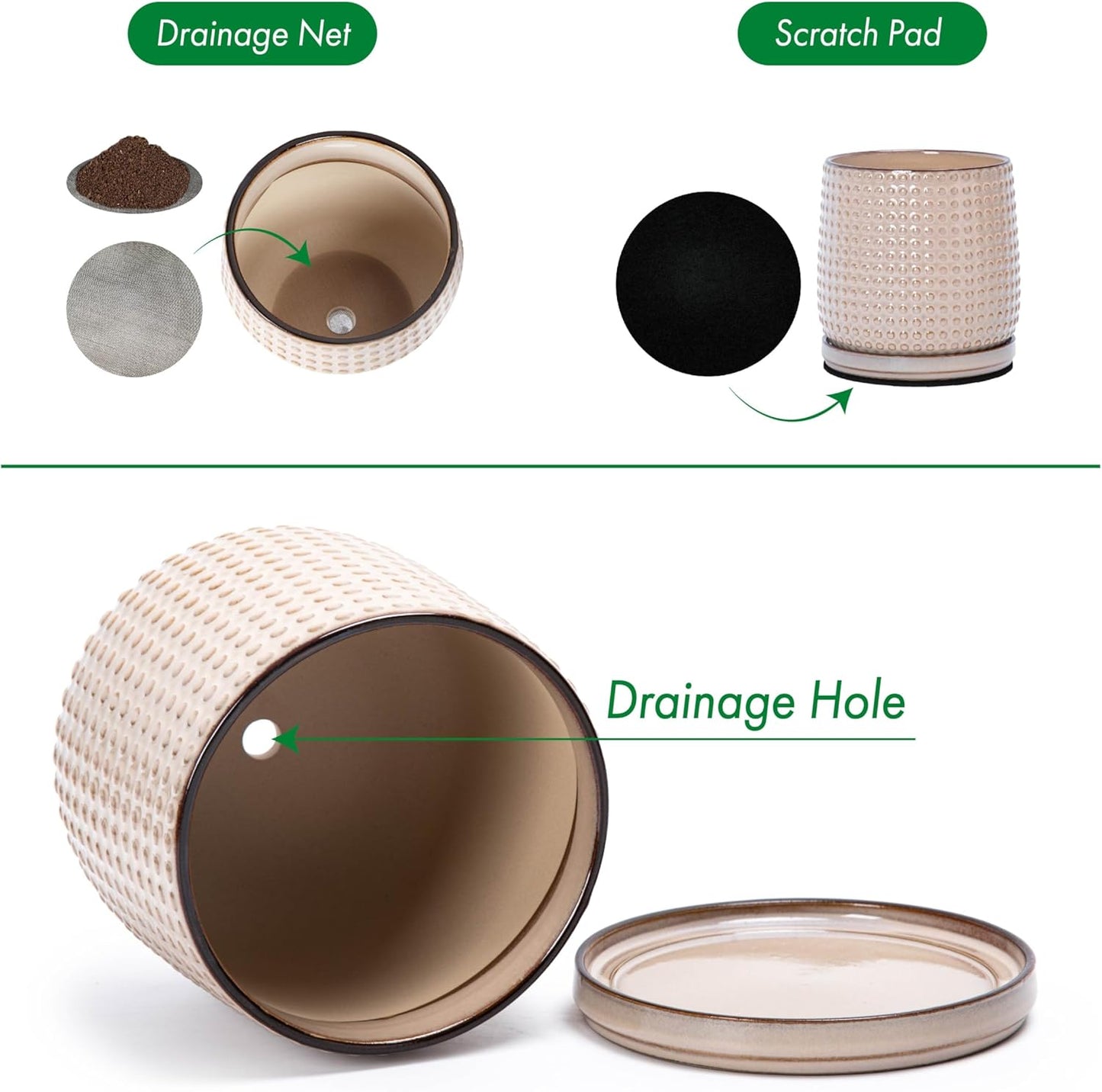 D'vine Dev Set of 2 Ceramic Plants Pots, 6 Inch Beaded Stoneware Flower Pot for Plants with Drainage Hole and Saucer, Light Brown, 27-E-X-4