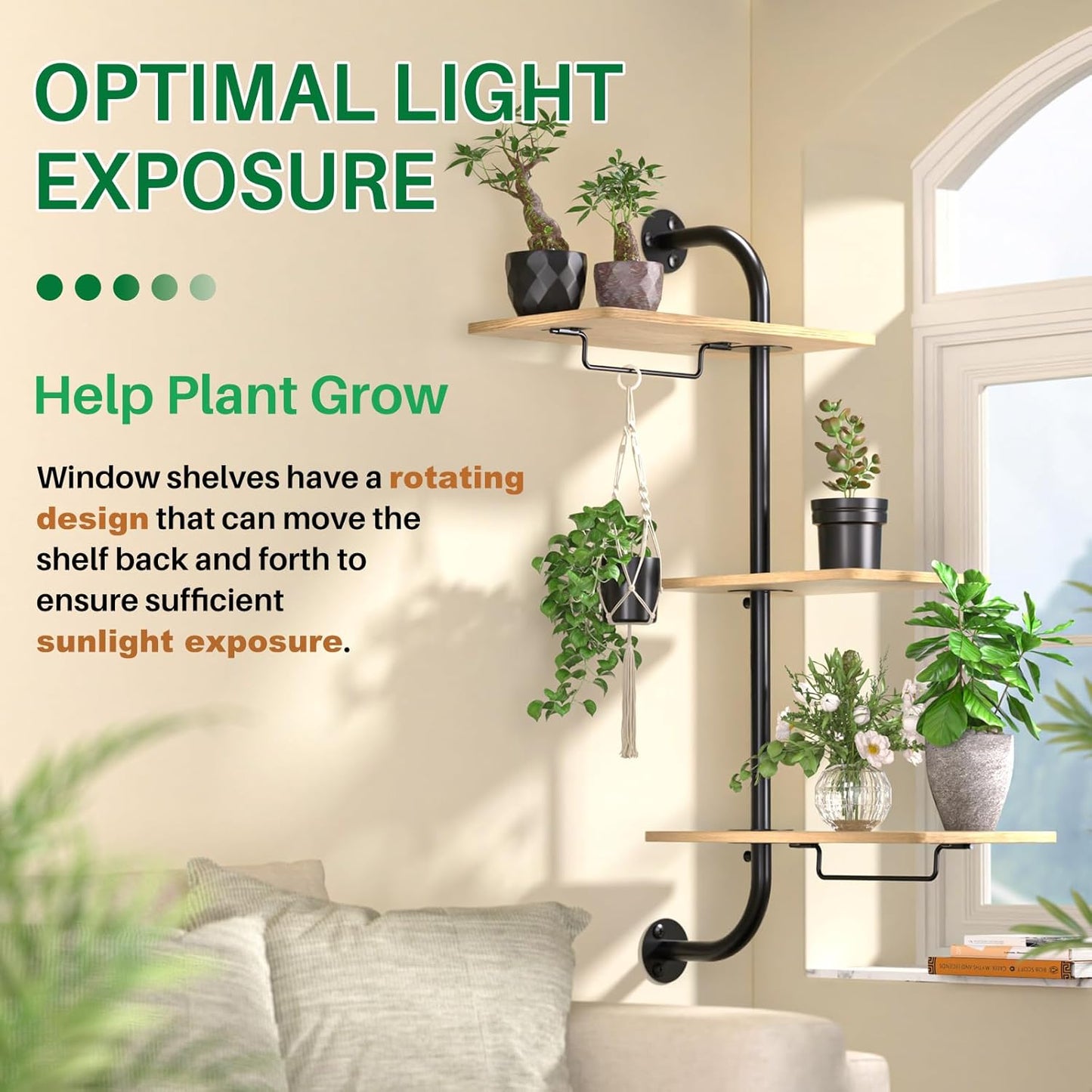 DELLAN Window Plant Shelves, Rotating Plant Shelf for Window, Wall Mounted Indoor Hanging Plants Shelf (3 Tier)