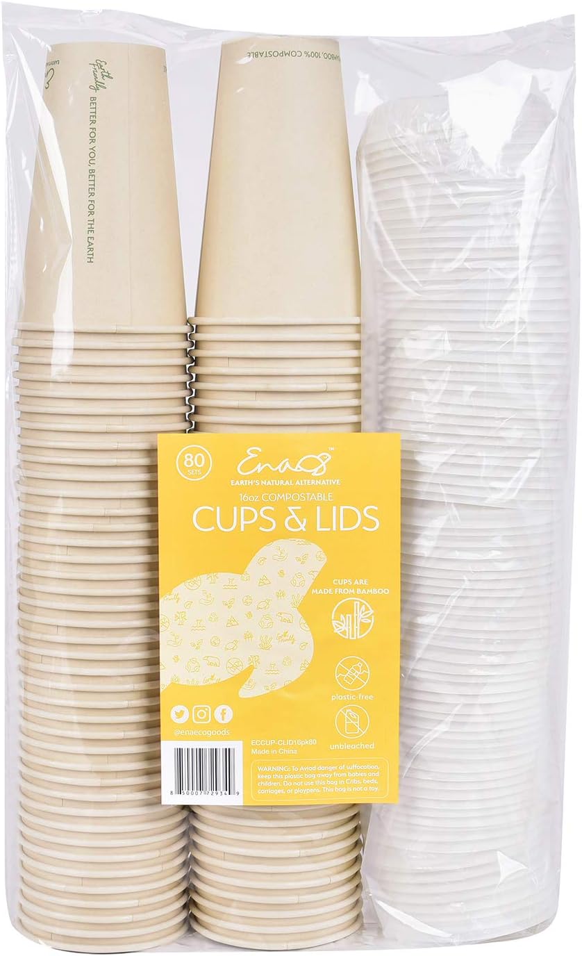 Earth's Natural Alternative 100% Compostable Disposable Coffee Cups with Lids [16oz 80 Set] Paper Cups Made from Unbleached Bamboo Fiber, Compostable Lids, To Go Coffee Cups with Lids