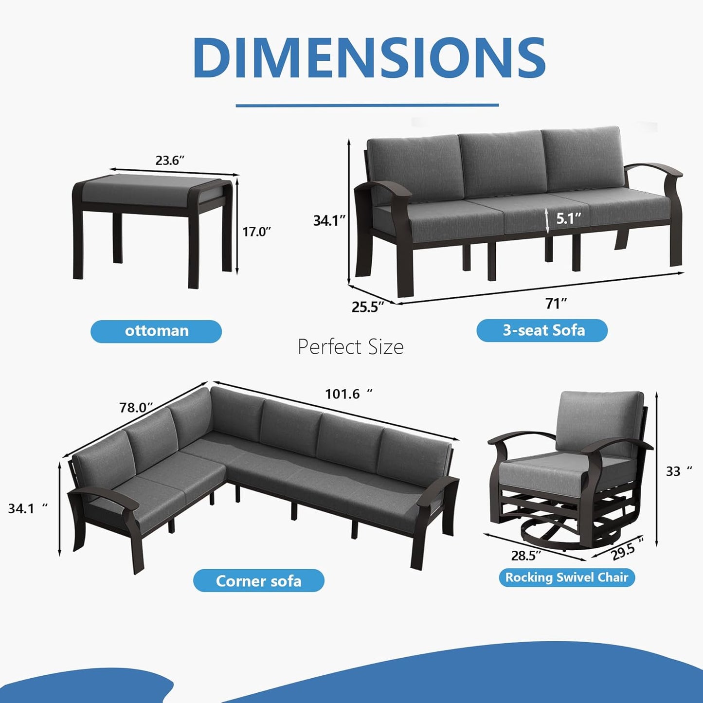 Aluminum Patio Furniture Set with Fire Pit Table, 10 Seats Outdoor Patio Conversation Set with Swivel Chair Modern Metal Patio Sectional Sofa with Coffee Table for Patio, Backyard(Grey).