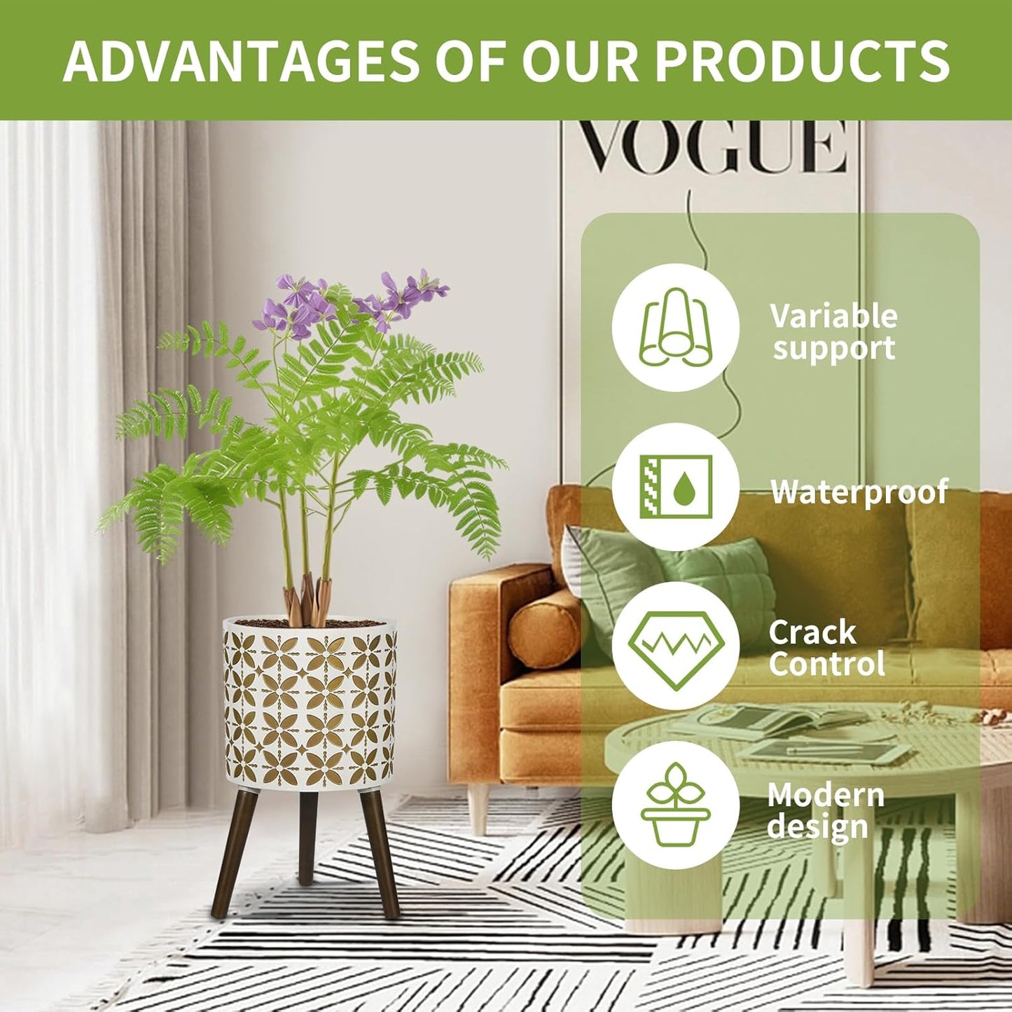 10 Inch Planter with Stand, Modern Plants Pot for Indoor Plants with Legs, Large Planter Pot with Drainage Holes for Outdoor,White/Gold