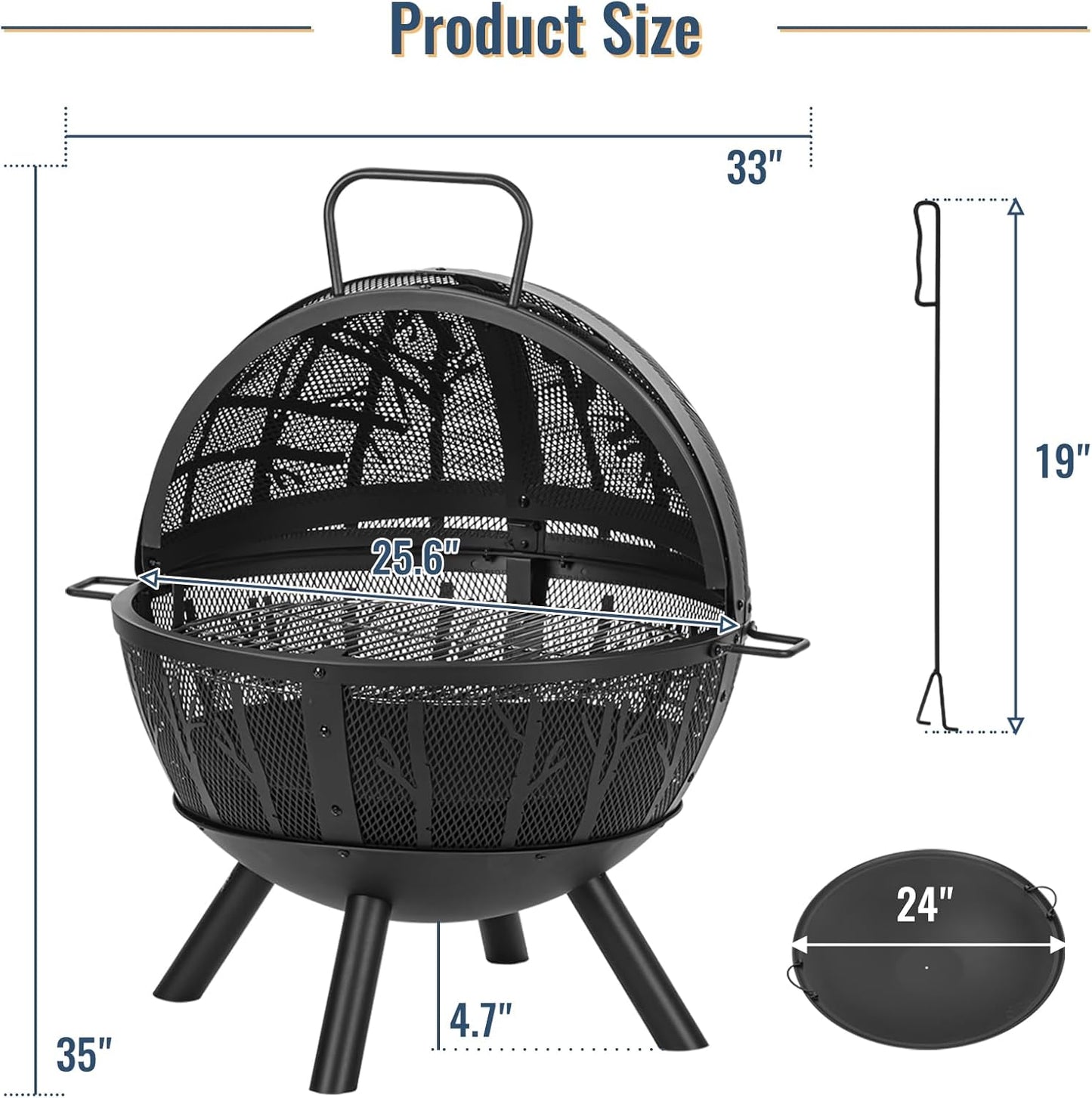 35 Inch Wood Burning Fire Pit with BBQ Grill, Heavy Duty Fire Pits Ball for Outside with Spark Screen & Removable Ash Pan, Outdoor firepit & Fireplace for Bonfire in Garden, Yard