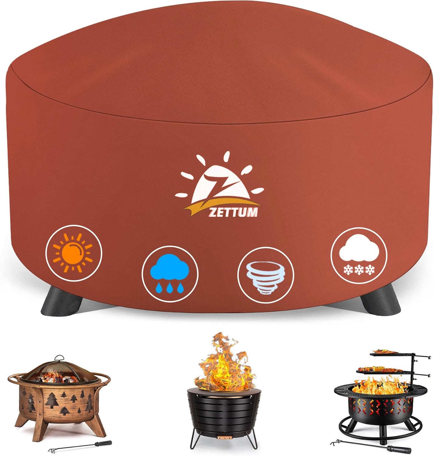 Fire Pit Cover Round 36 Inch - Outdoor Firepit Cover Heavy Duty & Waterproof, 600D Patio Fire Table Covers Gas Fire Pit Accessories Fade & Weather Resistant Brown - 36 x 36 x 20 Inch