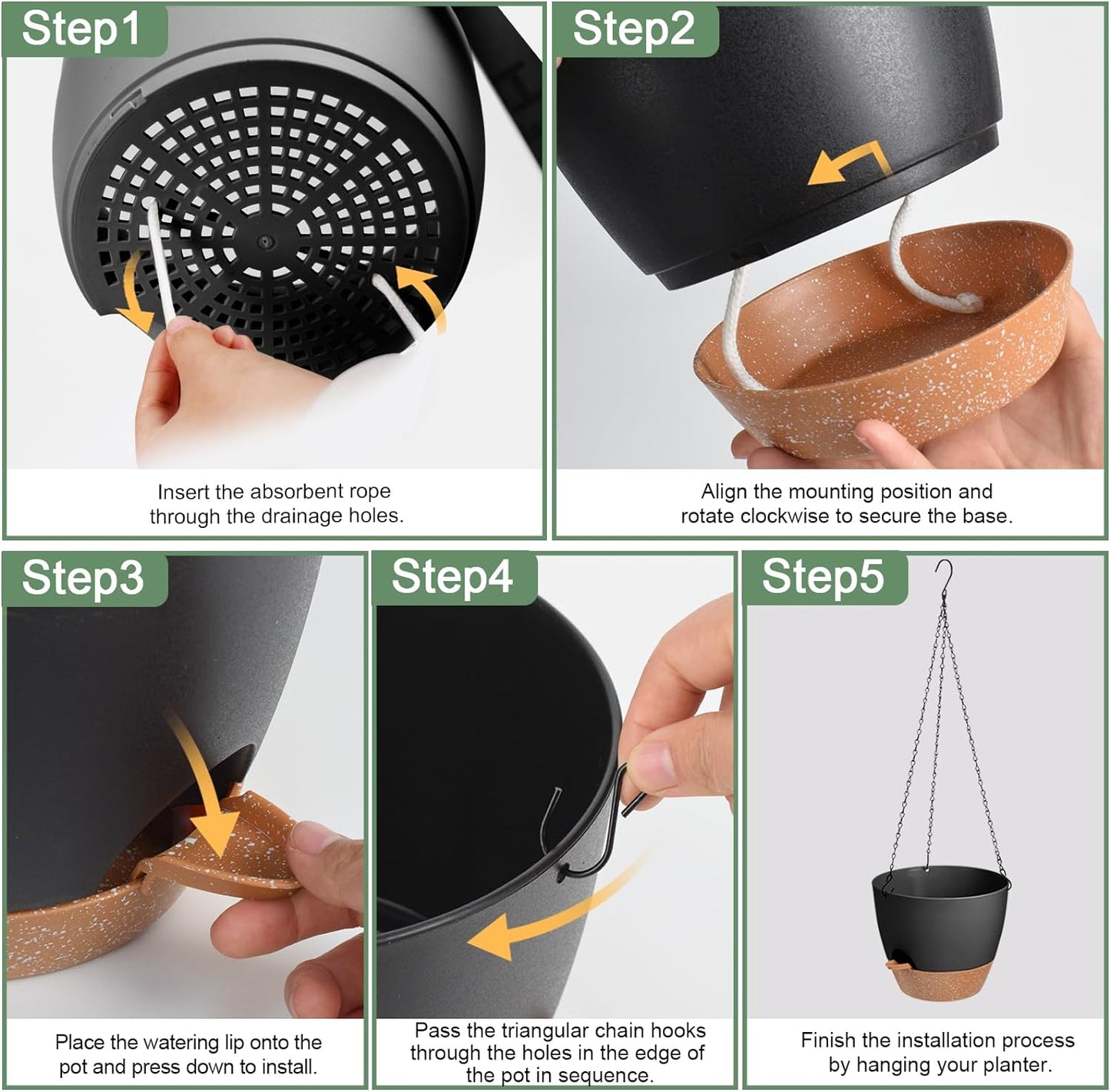 10/9/8 Inch Hanging Planter for Indoor Outdoor Plants, 3 Pack Self-Watering Hanging Pot with Drainage Holes Hanging Planter Baskets Plant Pots with Removable Tray (Black+Brown)