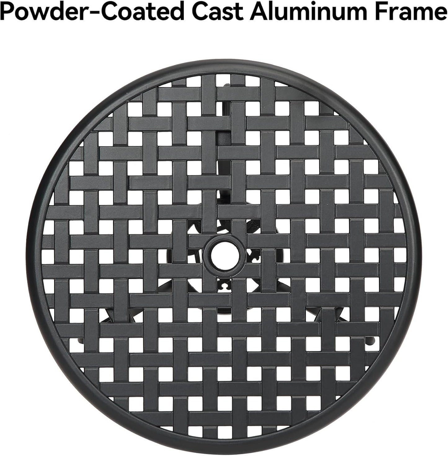 24" Outdoor Round Patio Bistro Table, Cast Aluminum Outdoor Cafe Table with 2 inch Umbrella Hole for Porch,Backyard,Garden, (Classic Square Pattern, Black)