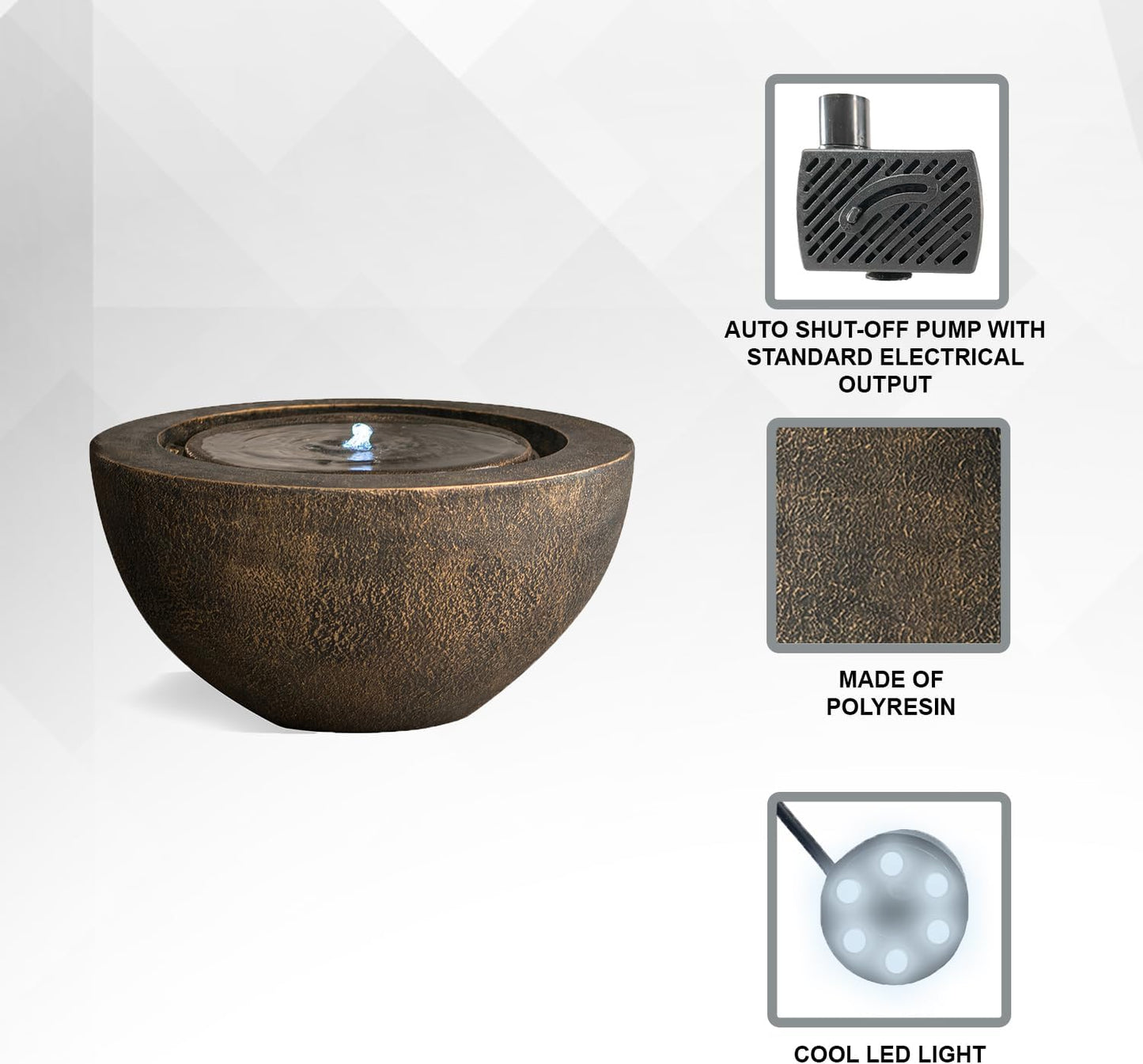 Xbrand 19.8" W Round Polyresin Indoor/Outdoor Sphere Water Fountain with LED Light, Garden/Patio Water Fountain Décor, Bronze