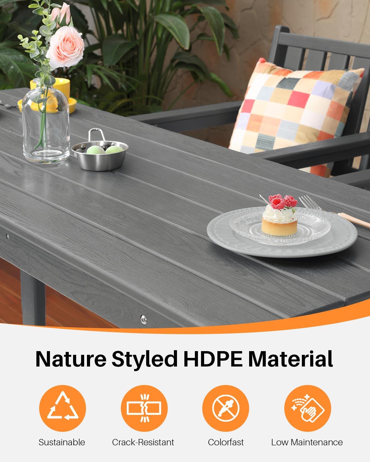 5-Piece HDPE Patio Bar Set, Rectangular Bar Height Table and 4 Adirondack Bar Chairs, Weatherproof Outdoor Bar Stools Set, Outdoor Bar Table and Chairs Set for Deck, Balcony, Pool, Smoke Gray