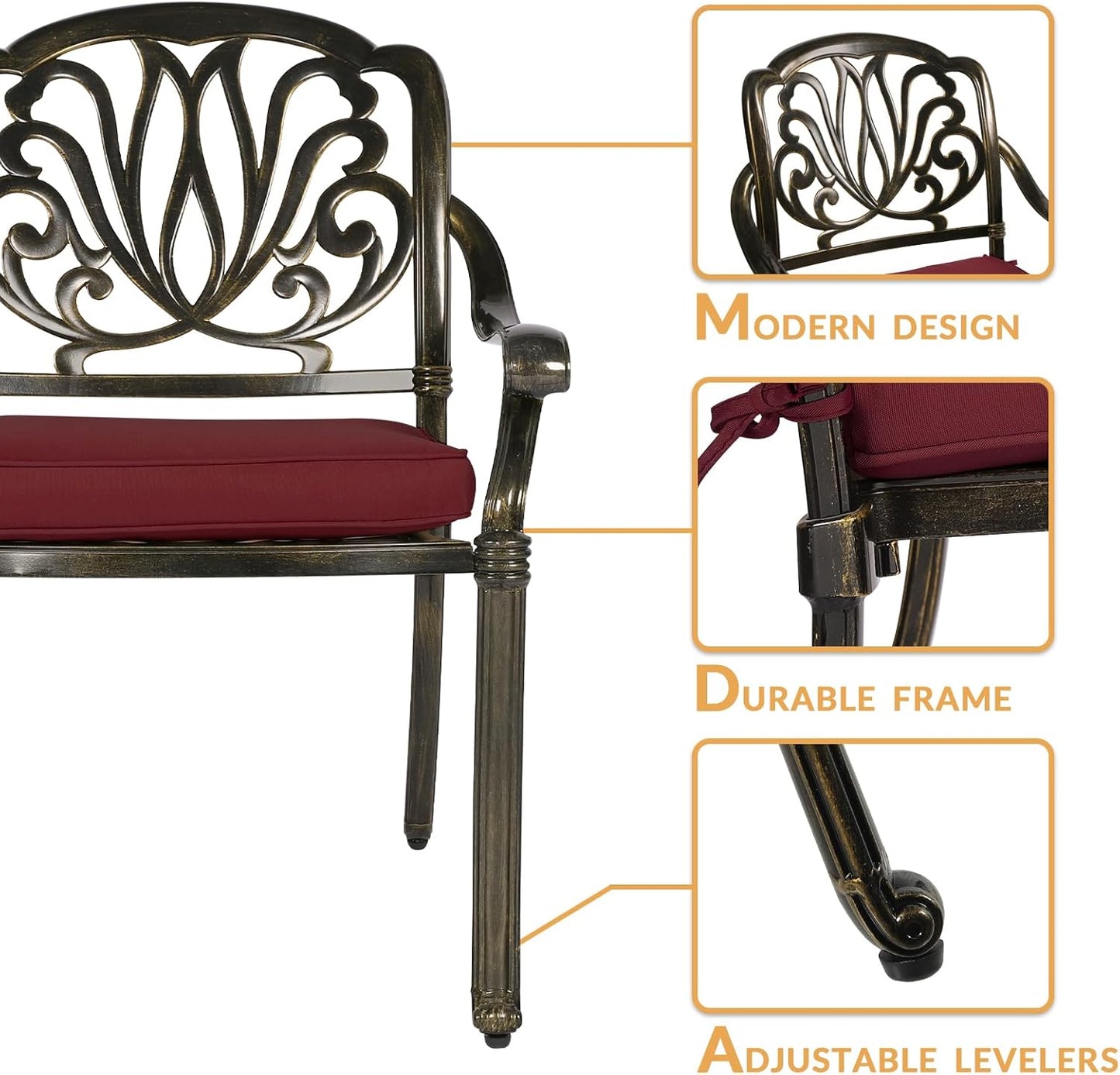 3-Piece Outdoor Patio Dining Set, All-Weather Cast Aluminum Patio Furniture Set for Backyard Garden Deck with 2 Cushioned Chairs and 35.4” Round Table, 2" Umbrella Hole, Chili Red