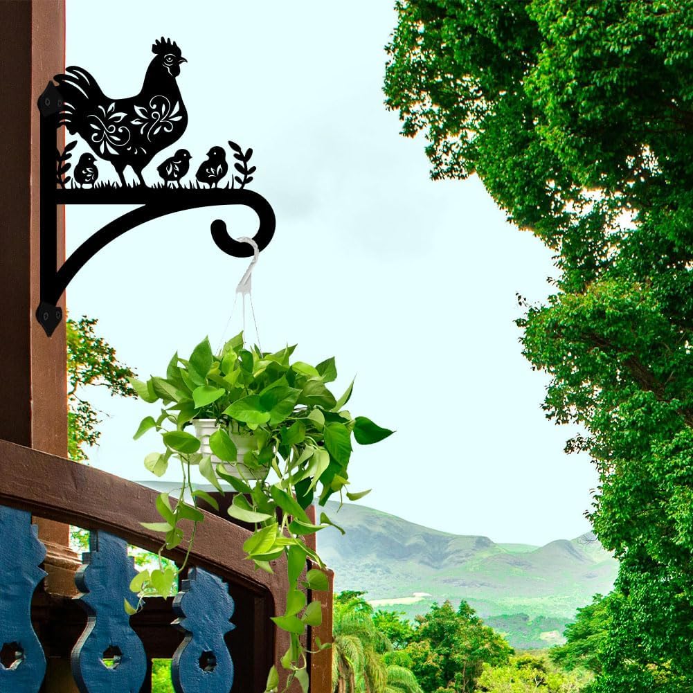 peacoblue Iron Plant Hangers Hooks for Outdoor Indoor Hanging Plants Flower Fern Pots Lantern Bird Feeder 12"x15" Weather Resistant Metal Wall Holder for Porch Garden Farmhouse(Hen and Chicks)