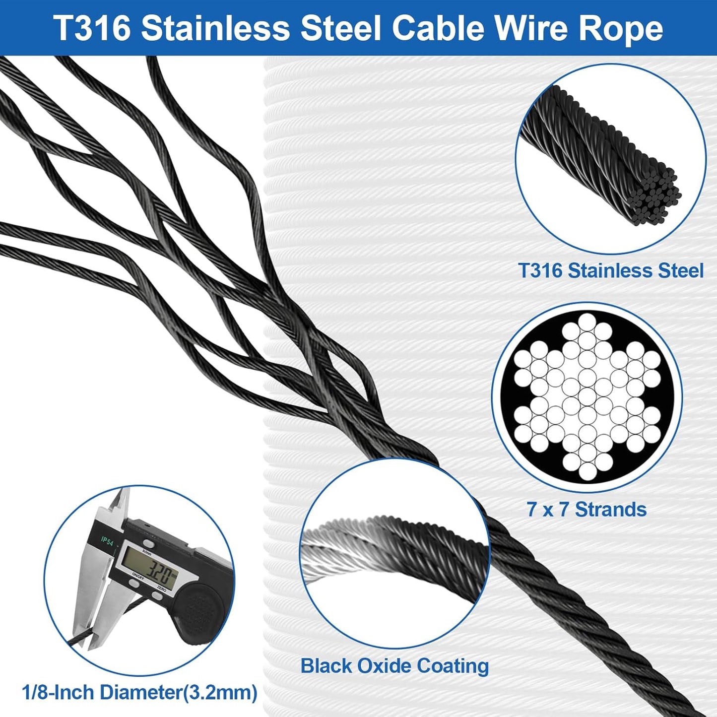 500FT T316 Marine Grade 1/8" Stainless Steel Cable Kit w/Cutter, 7x7 Strand,1850lb Breaking Strength Wire Rope Cable for Deck Railings,Ideal for Indoor/Outdoor Railings DIY Installation, MY15